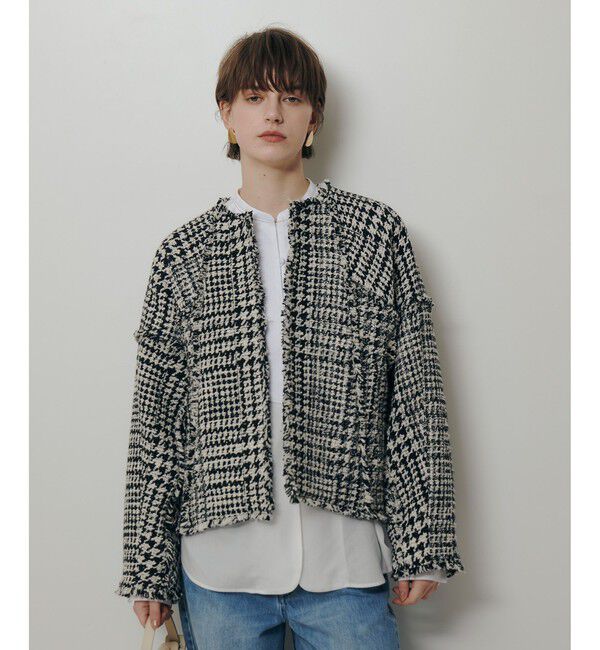allureville「ハウンドトゥースブロッキングジャケット」|ノーカラージャケット|