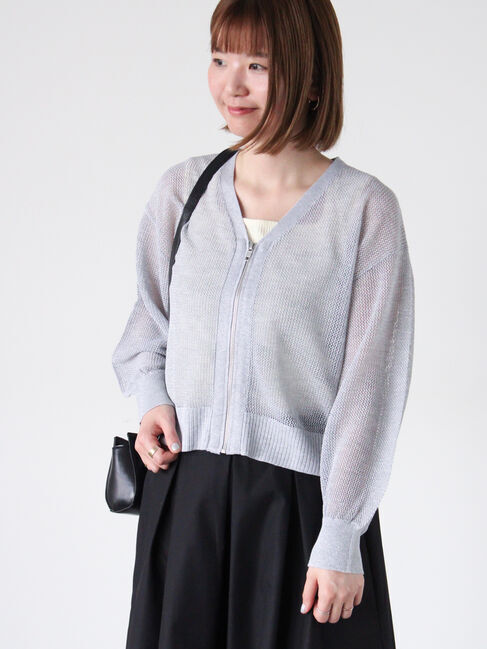 Lugnoncure「ラメ混メッシュ編みジップカーディガン」|カーディガン|グレー