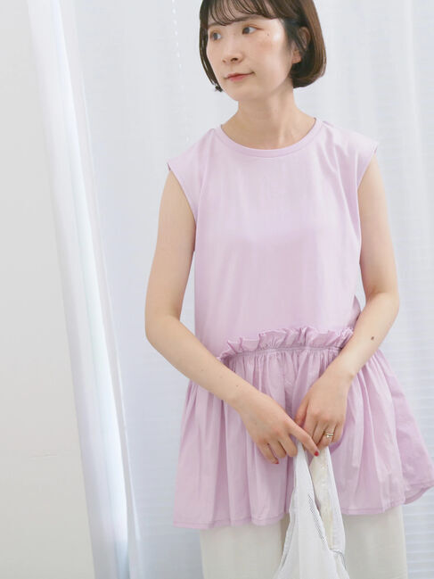 Samansa Mos2 blue「◎【接触冷感】ドッキングノースリーブプルオーバー」|Tシャツ・カットソー|