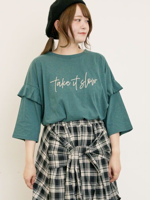 Samansa Mos2「[接触冷感]袖フリルロゴ刺繍Tシャツ」|Tシャツ・カットソー|グリーン