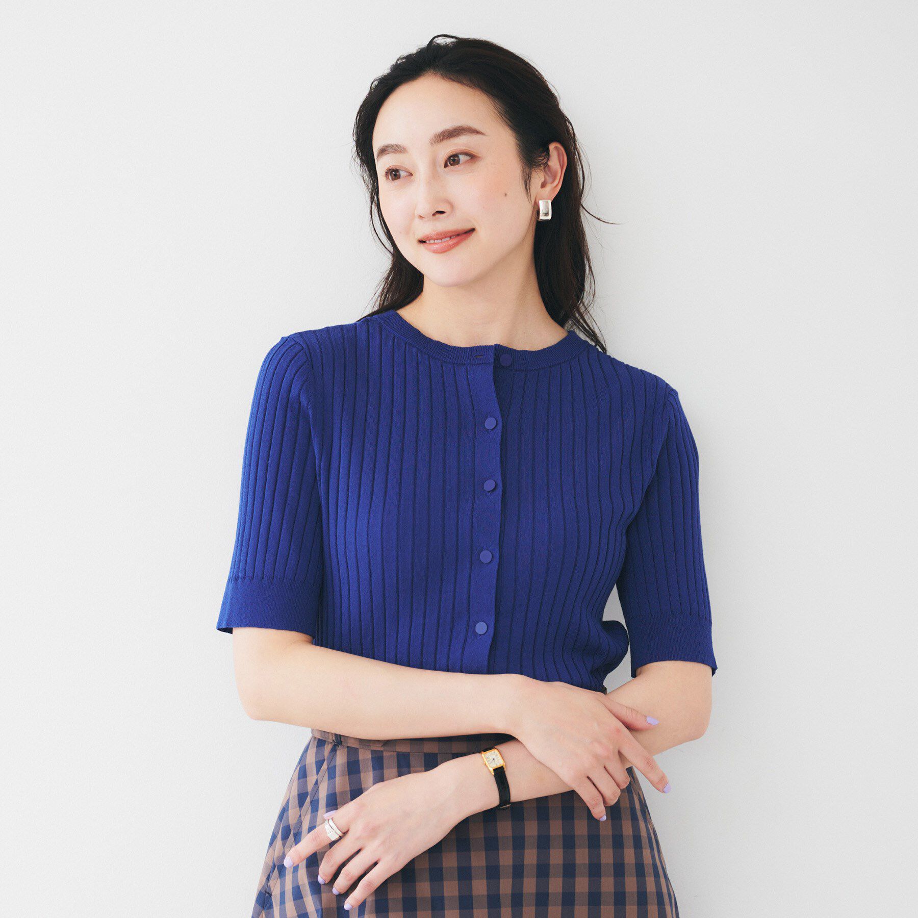 UNTITLED「【五分袖/タイト】コットンリネン2WAYニット」|ニット・セーター|ブルー(093)