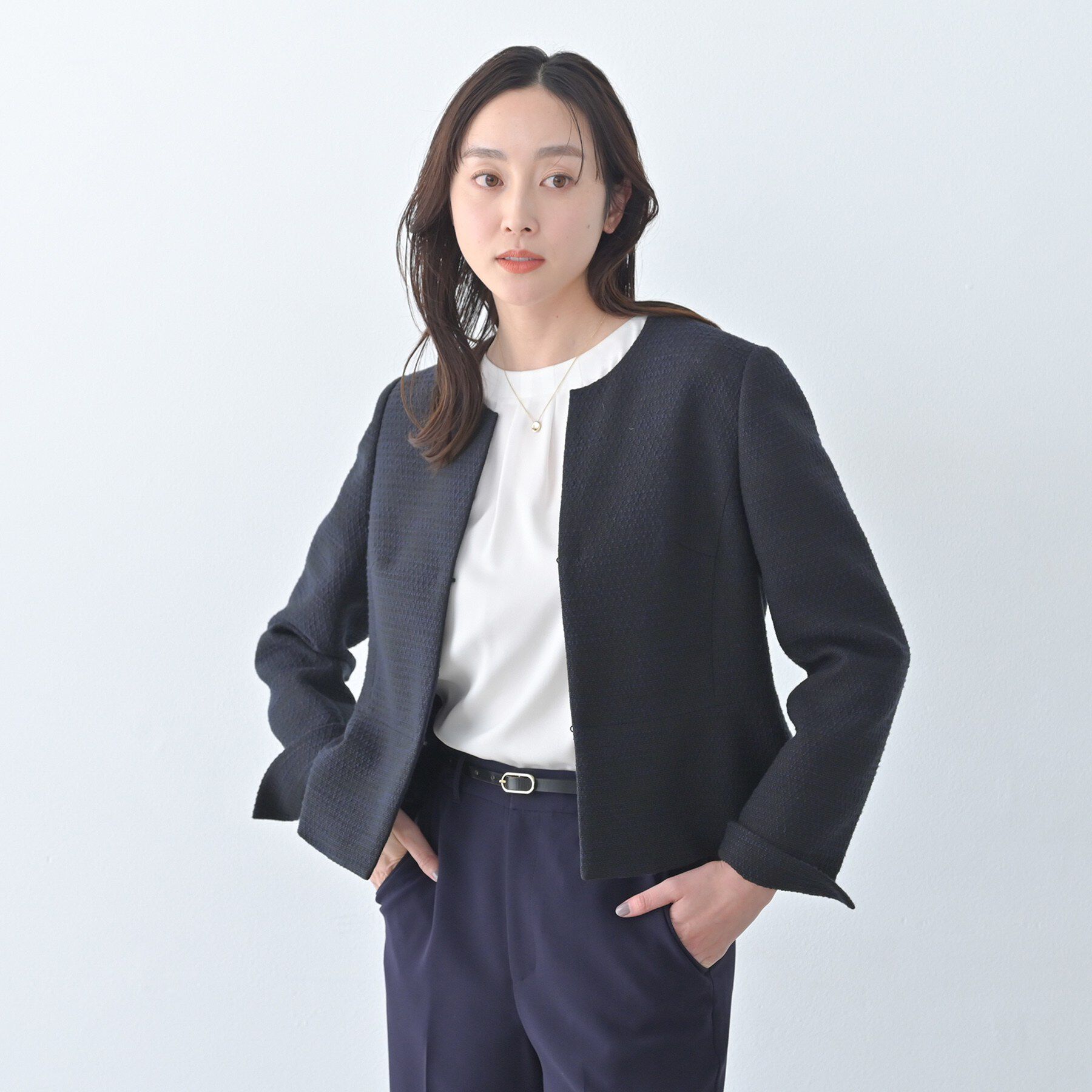 UNTITLED「【きれいめ】ツイード ペプラムジャケット」|ノーカラージャケット|ネイビー(494)