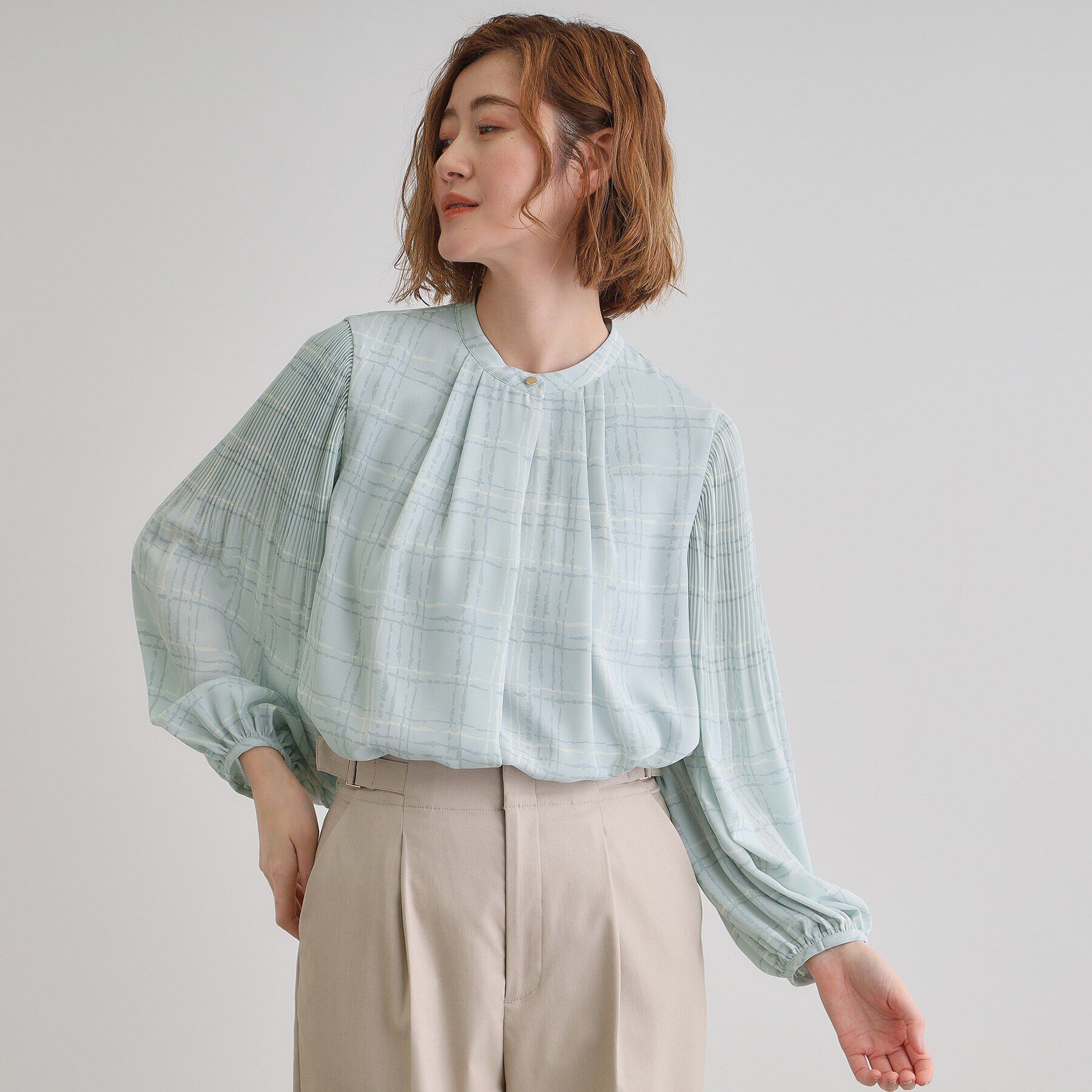 grove「【華やか】プリントアソート袖プリーツブラウス」|シャツ・ブラウス|