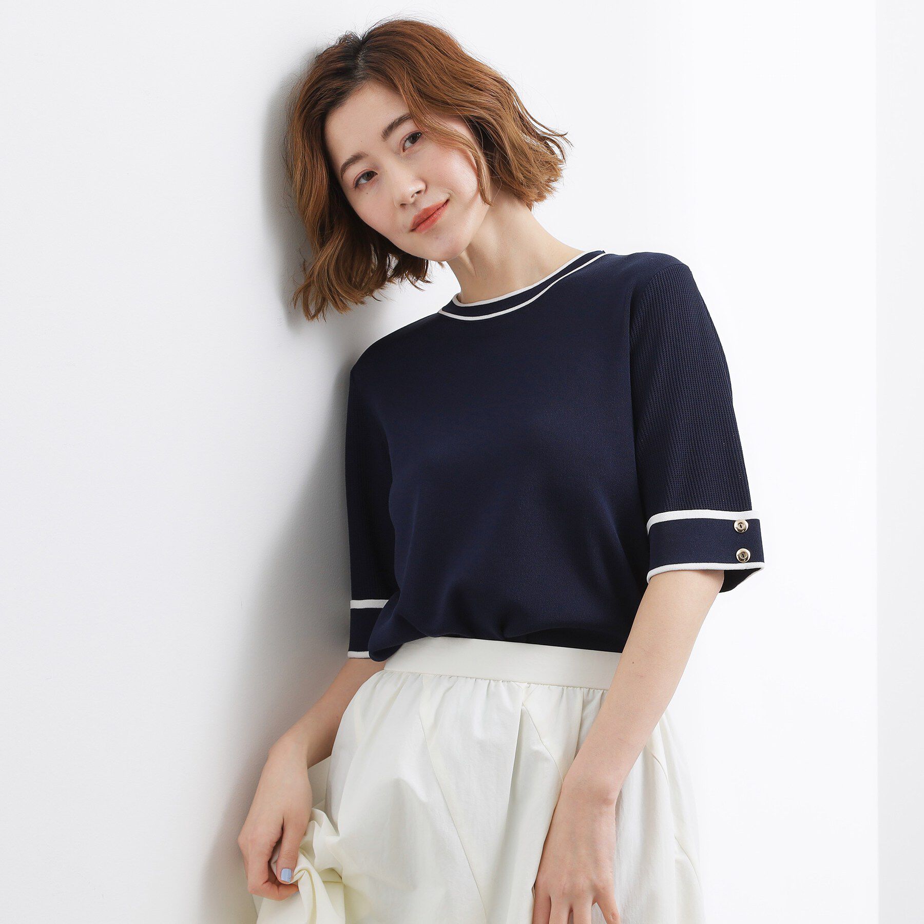 grove「【貴島明日香さん着用】やわらかドライタッチ 袖メッシュ編みニット」|ニット・セーター|