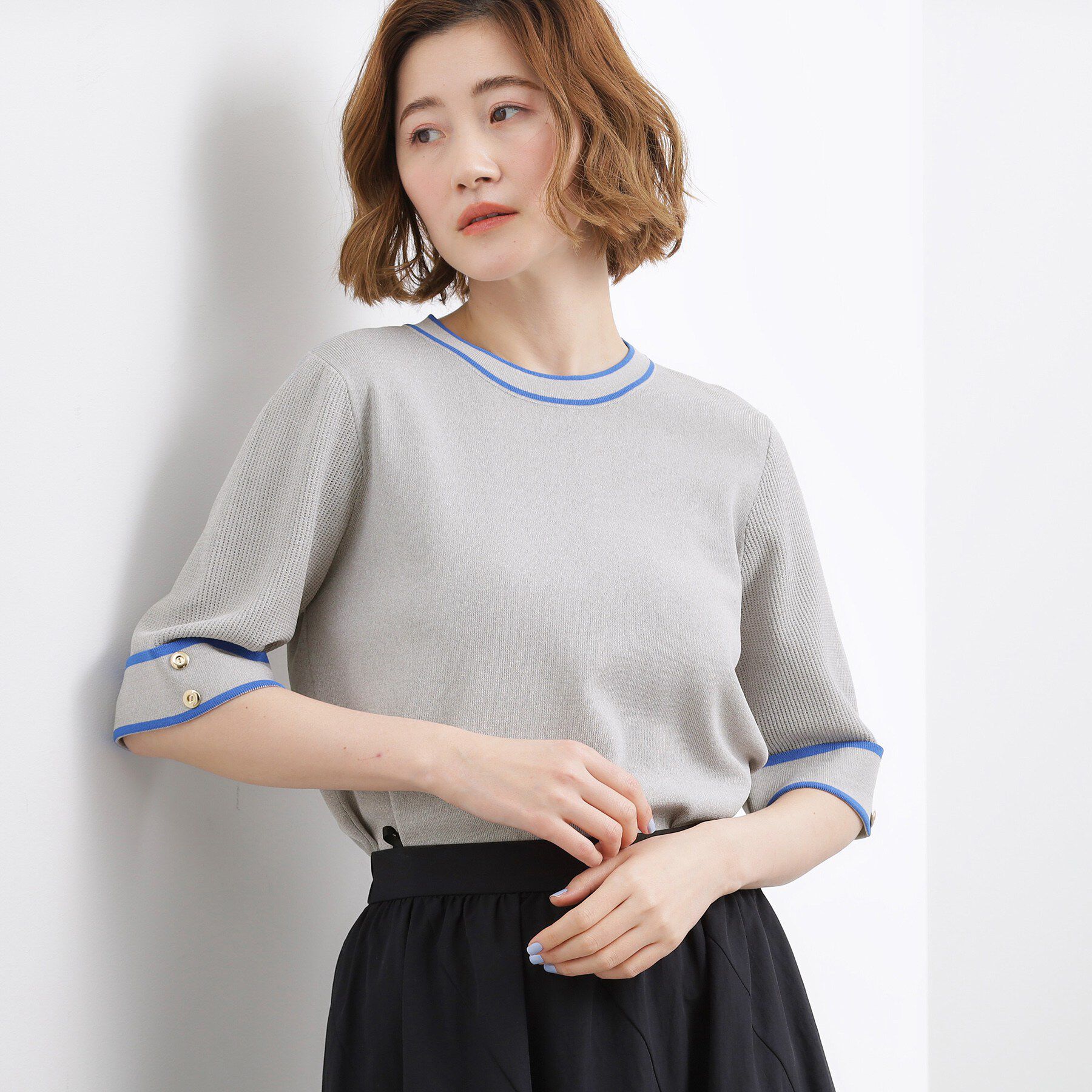 grove「【貴島明日香さん着用】やわらかドライタッチ 袖メッシュ編みニット」|ニット・セーター|グレー&times;ブルー(01