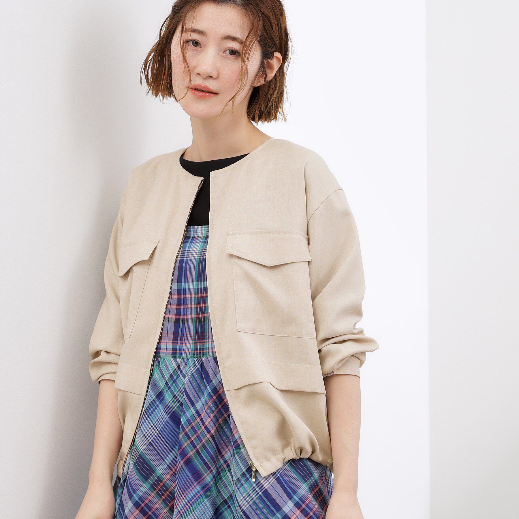 grove「【貴島明日香さん着用・洗える】麻調ノーカラーブルゾン」|ブルゾン・スタジャン|