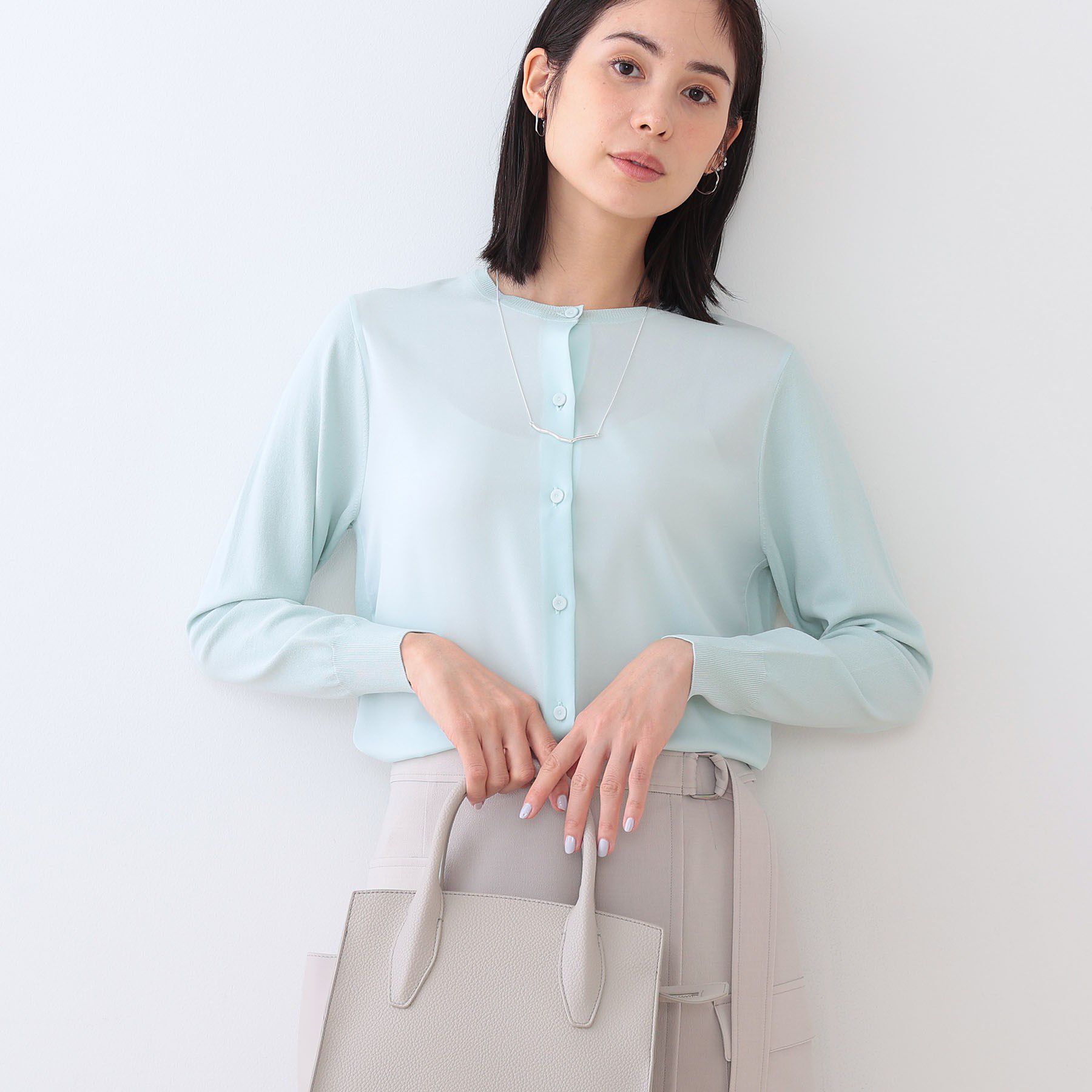 INDIVI「【洗える】ブラウスコンビ ニットカーディガン」|カーディガン|ライトグリーン(02