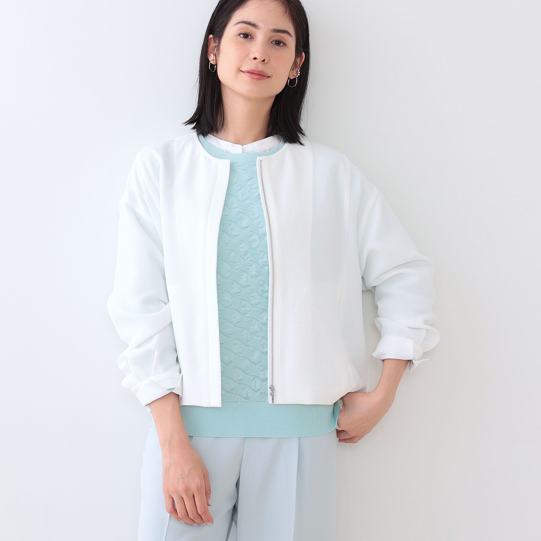 INDIVI「【洗える】凹凸素材シンプルブルゾン」|ブルゾン・スタジャン|オフホワイト(003