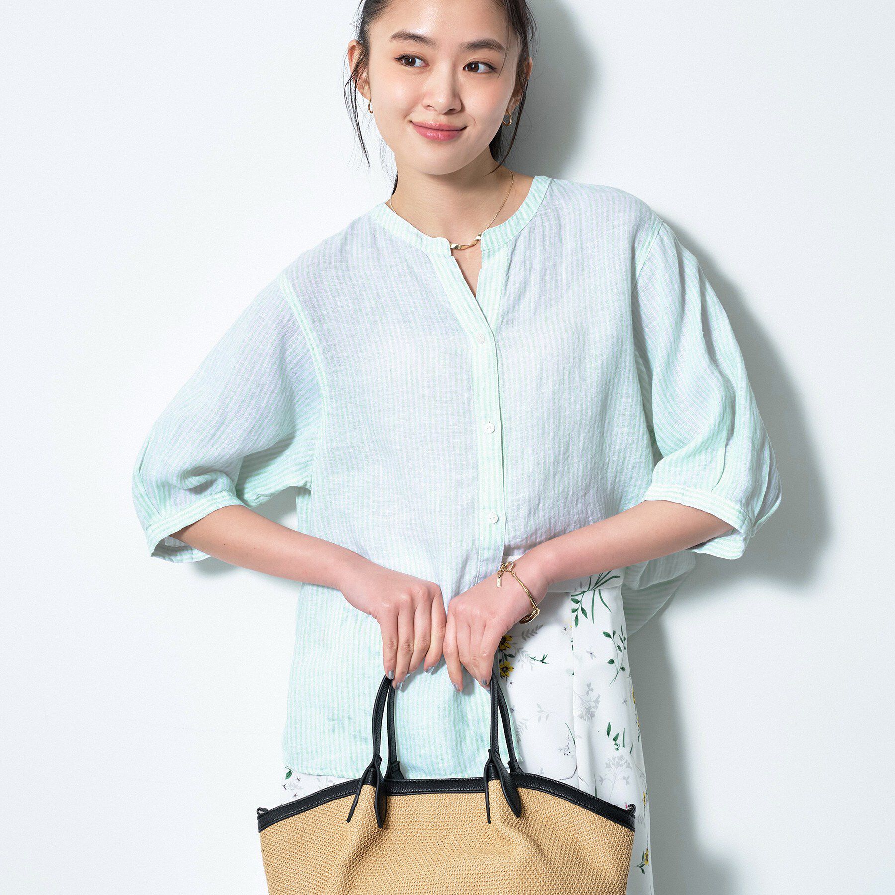 INDIVI「【毎年人気！／フレンチリネン】5分袖バンドカラーブラウス」|シャツ・ブラウス|