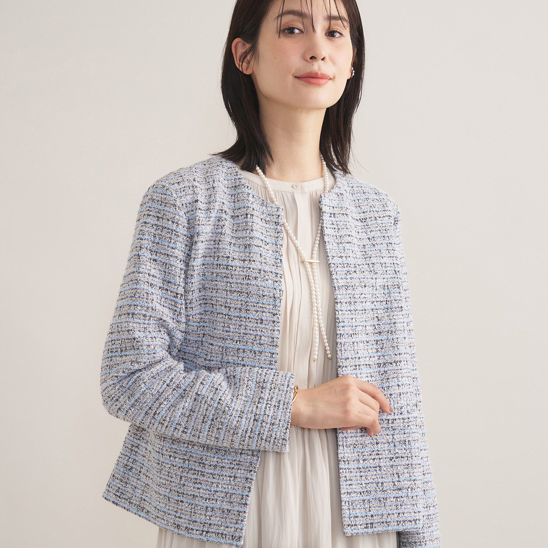 INDIVI「【セレモニー／洗える】ミックスツイードライトジャケット」|ノーカラージャケット|