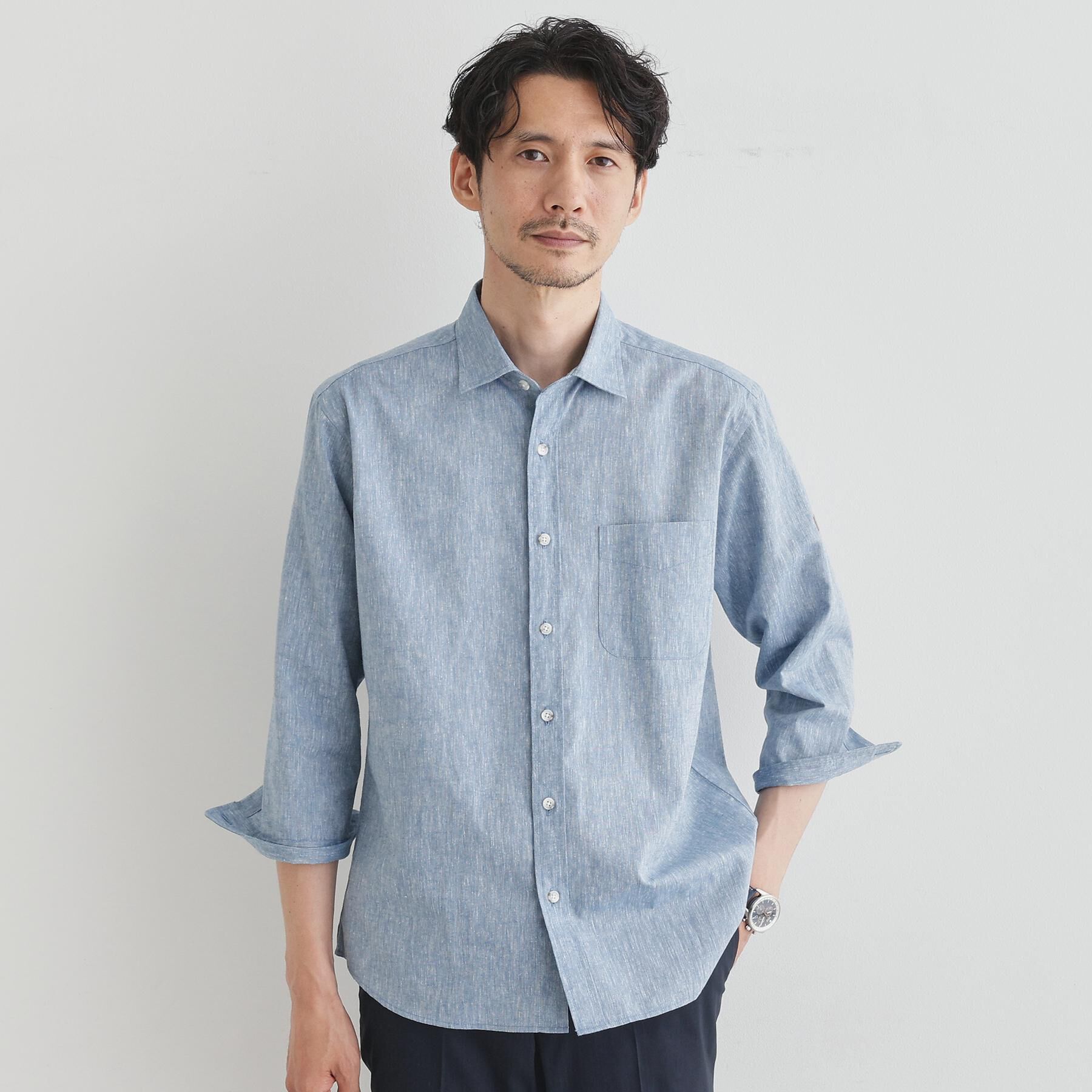 TAKEO KIKUCHI「ハイブリッド リネン 7分袖 シャツ」|シャツ・ブラウス|ブルー(092)