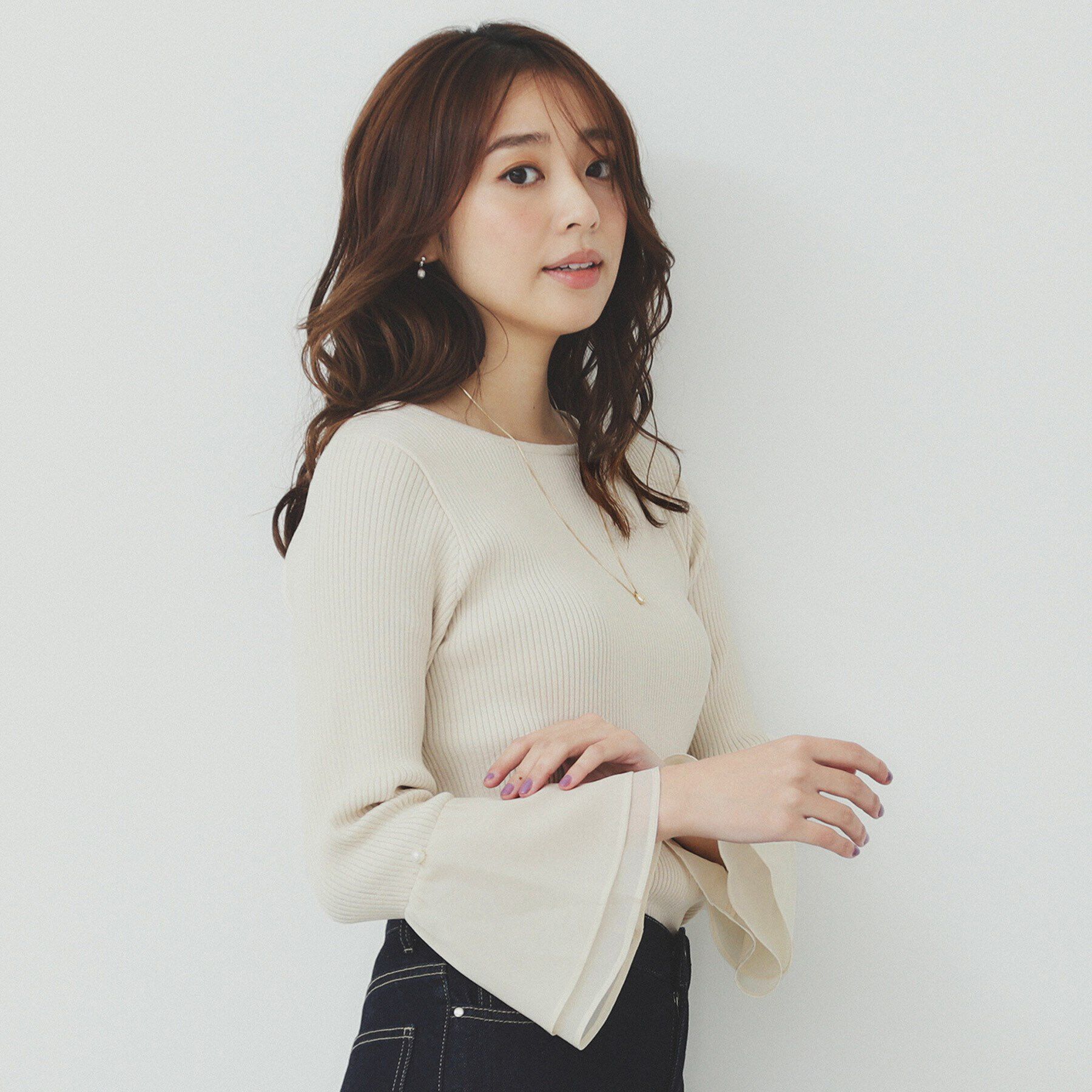 index「フレアスリーブリブニット【洗濯機洗い可】」|ニット・セーター|グレージュ(050)