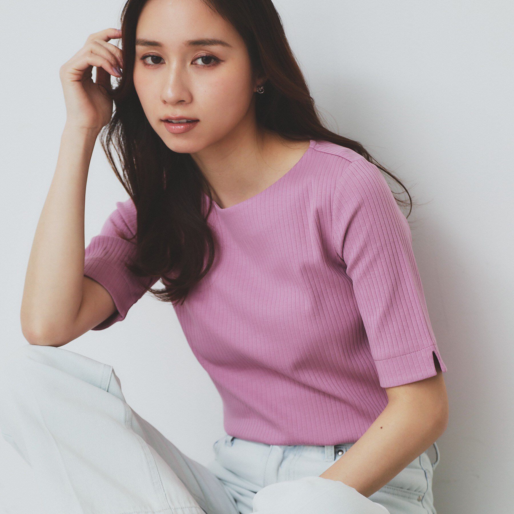 index「《7色展開/XS-LLサイズ》ボートネックリブトップス【UV/洗濯機洗い可】」|Tシャツ・カットソー|ピンク(072)