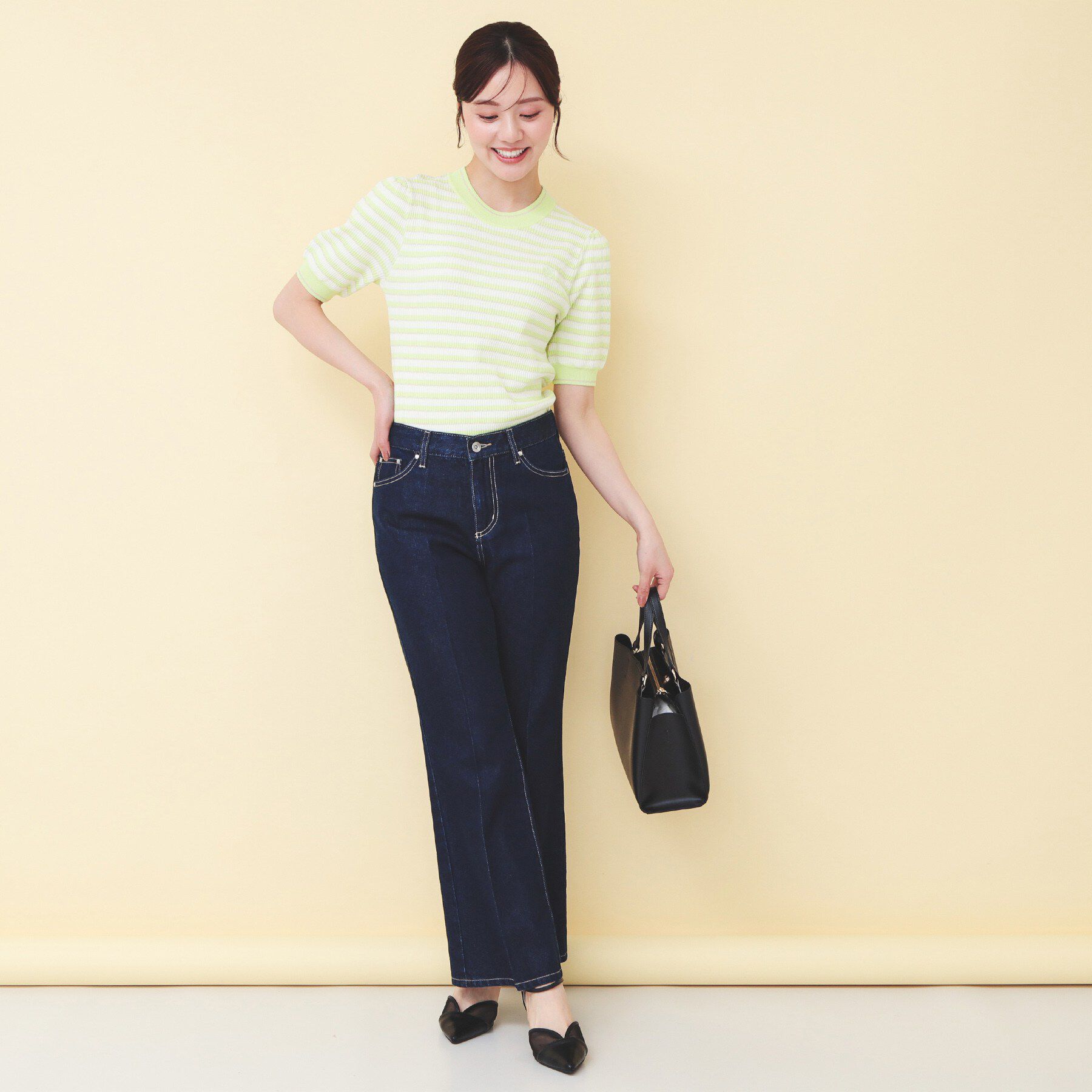 index「変わり編みボーダー半袖ニット【洗濯機OK/抗ピル】」|ニット・セーター|