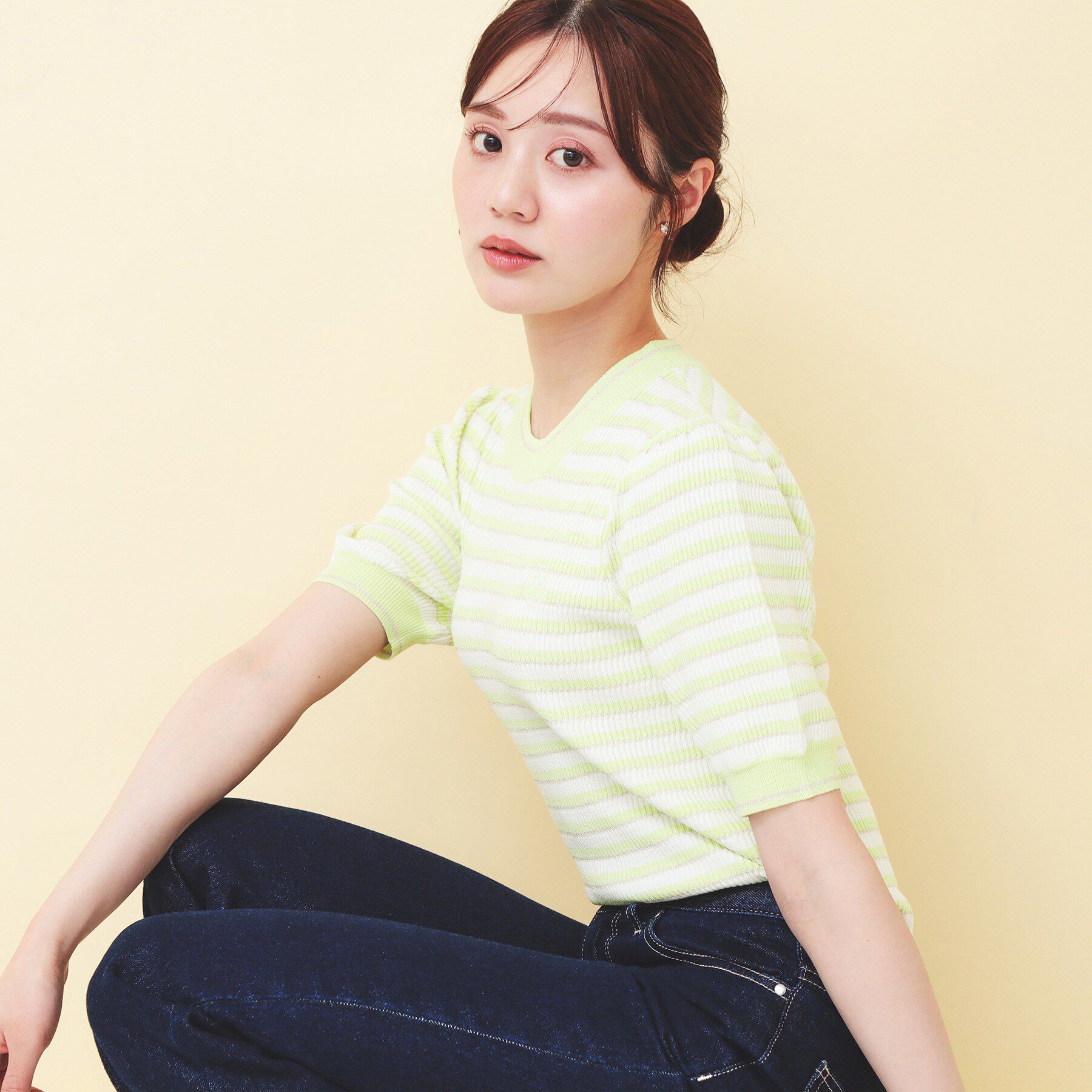 index「変わり編みボーダー半袖ニット【洗濯機OK/抗ピル】」|ニット・セーター|ミントグリーン(32