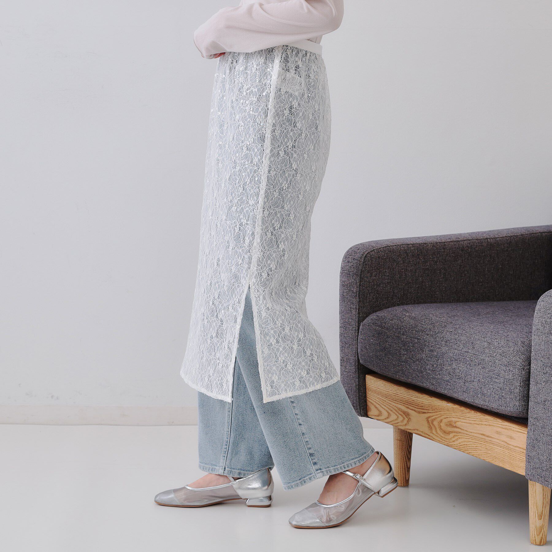 OPAQUE.CLIP「シアーレーススパンコールスカート【洗濯機洗い可】」|スカート|