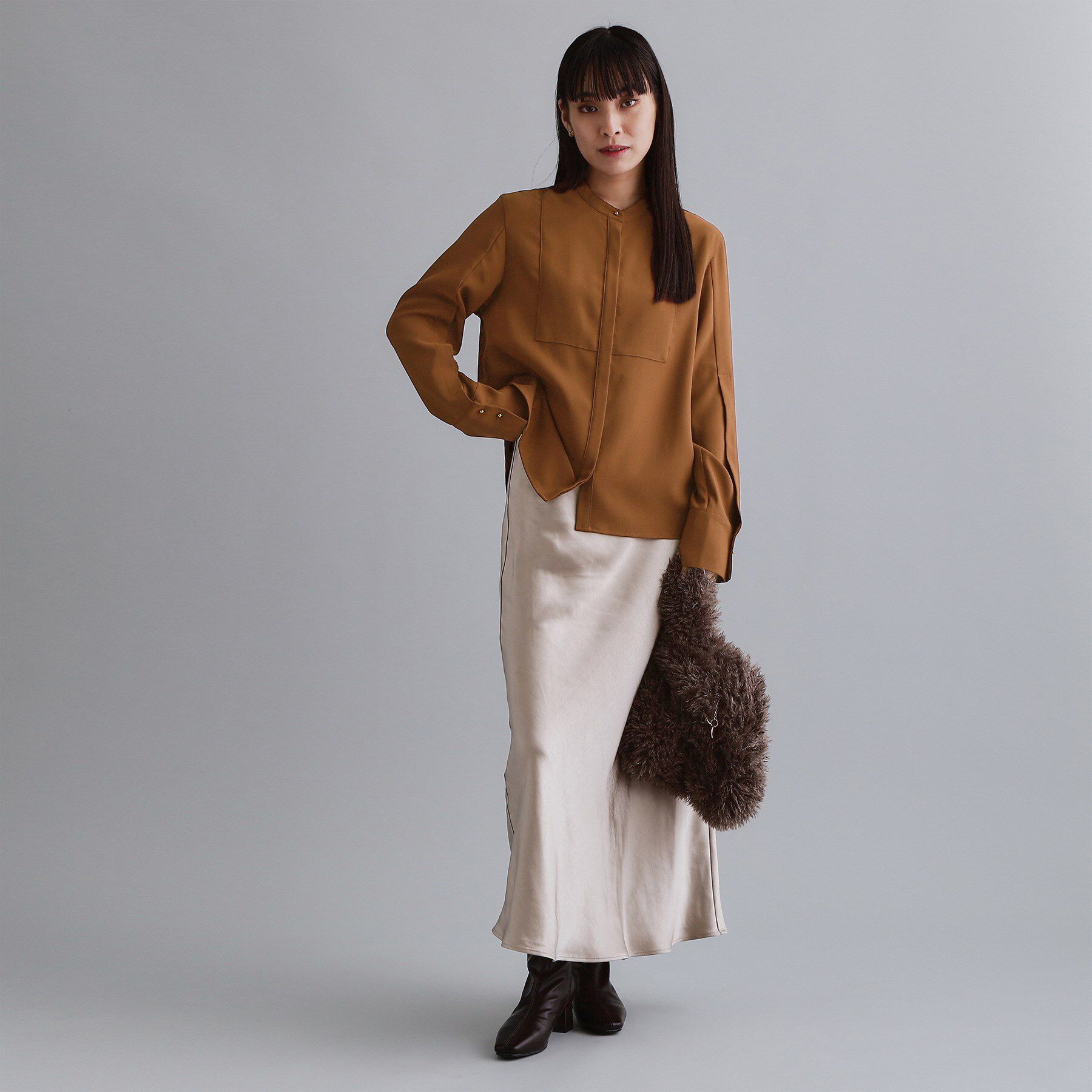 OPAQUE.CLIP「【es】ブザム切替バンドカラーシャツブラウス【洗濯機OK/防シワ/UVケア/接触冷感】」|シャツ・ブラウス|