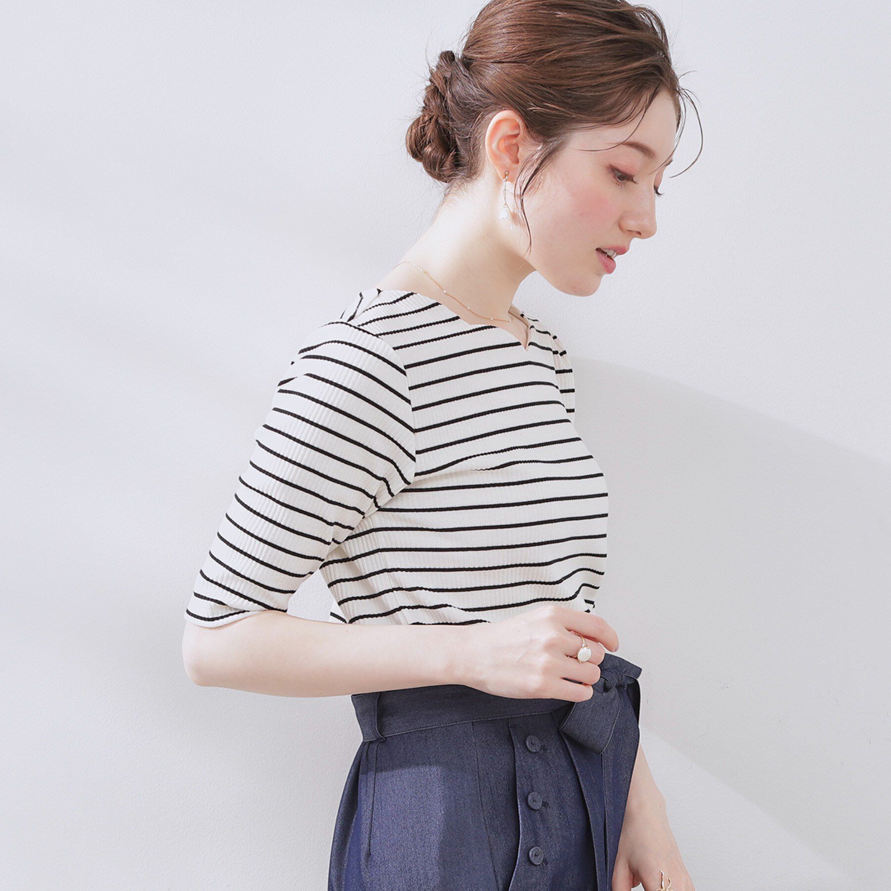 Couture broach「【マシンウォッシャブル・アンチピリング・二の腕カバー】ハートネックテレコ5分袖プルオーバー」|Tシャツ・カットソー|