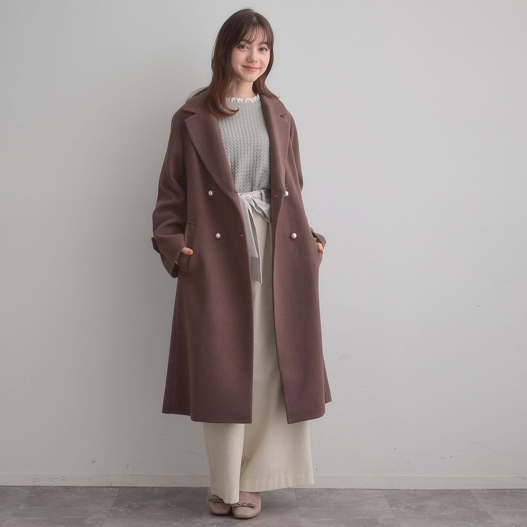 Couture broach「【大人上品・ベルト付き】パール調釦チェスターコート」|チェスターコート|