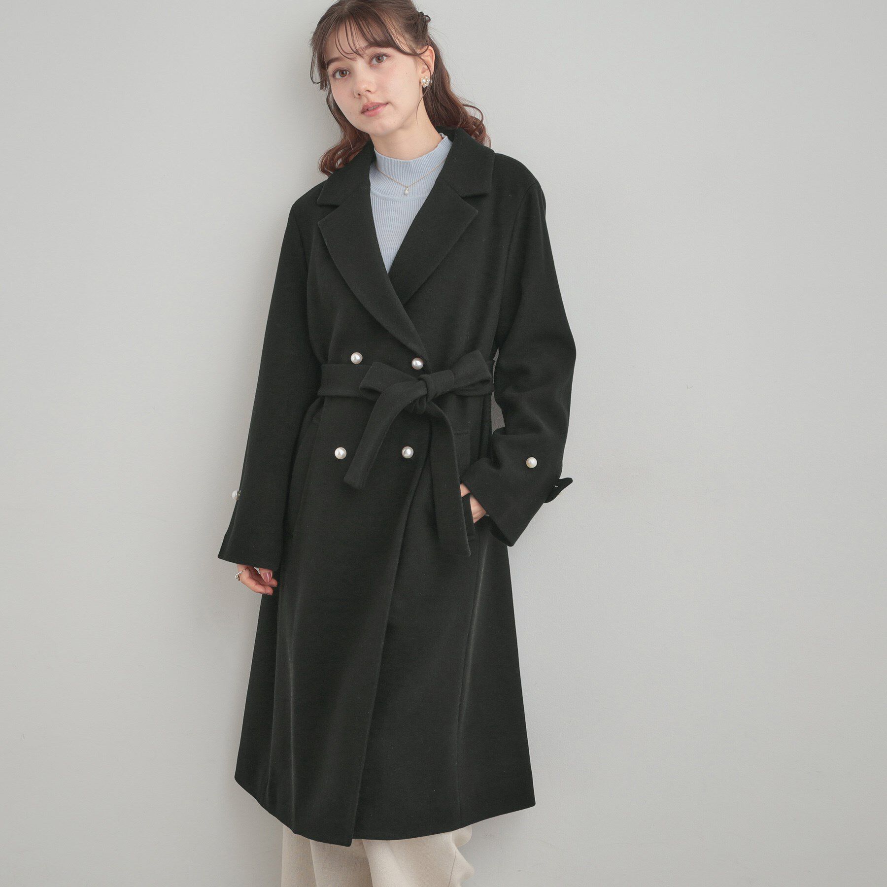 Couture broach「【大人上品・ベルト付き】パール調釦チェスターコート」|チェスターコート|