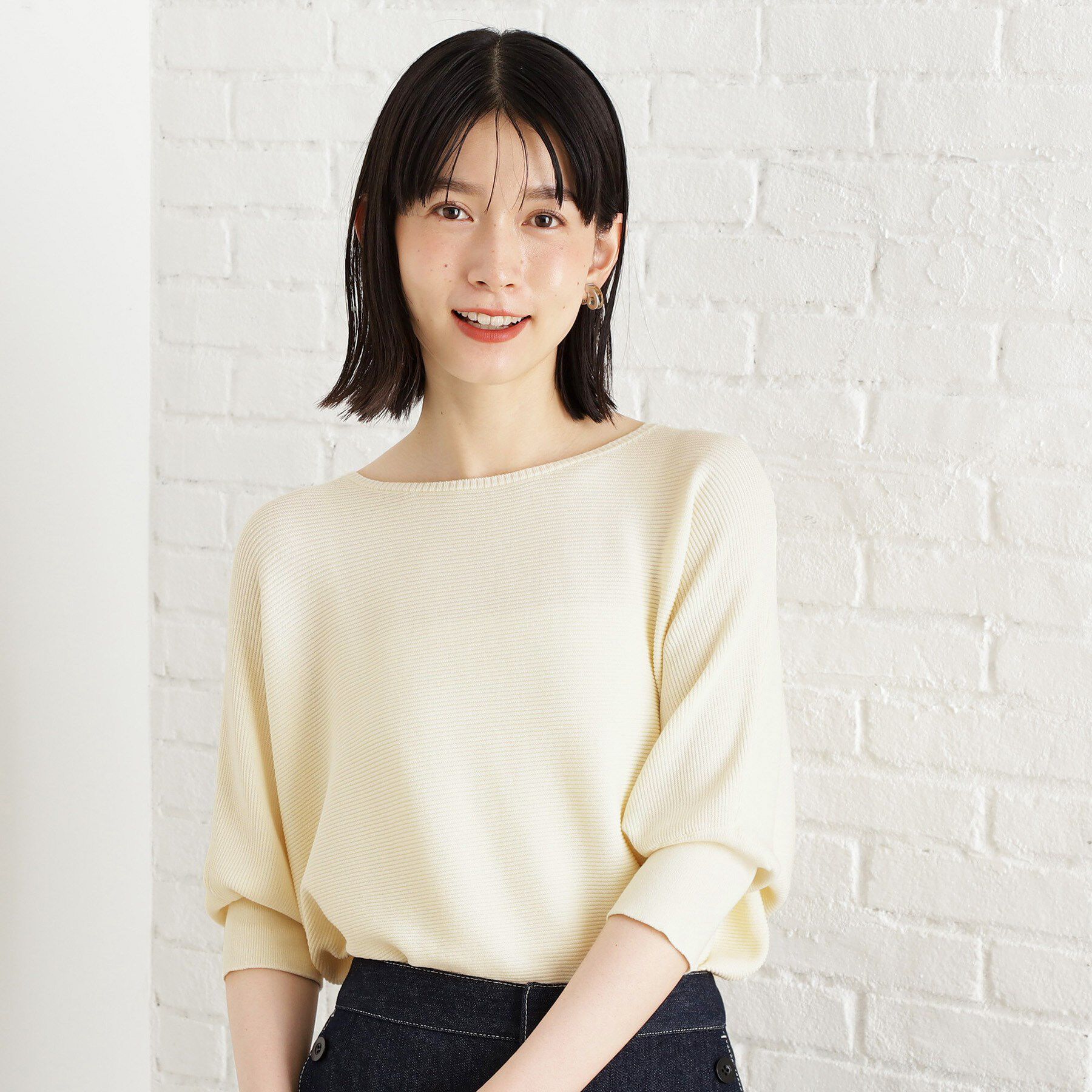 THE SHOP TK「6分袖ガータードルマンニット【エコベロ/洗濯機OK】」|ニット・セーター|アイボリー(004)