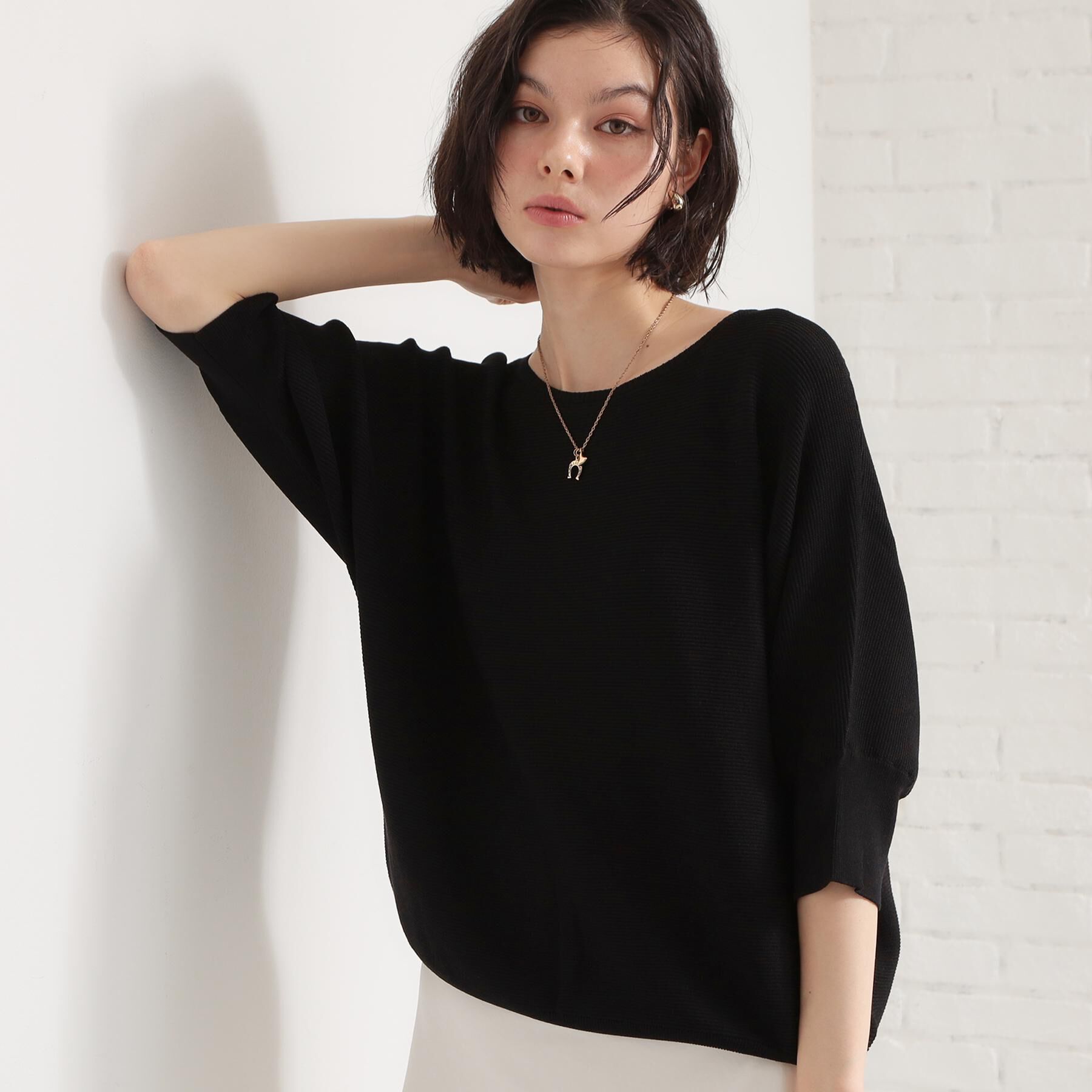 THE SHOP TK「6分袖ガータードルマンニット【エコベロ/洗濯機OK】」|ニット・セーター|ブラック(019)