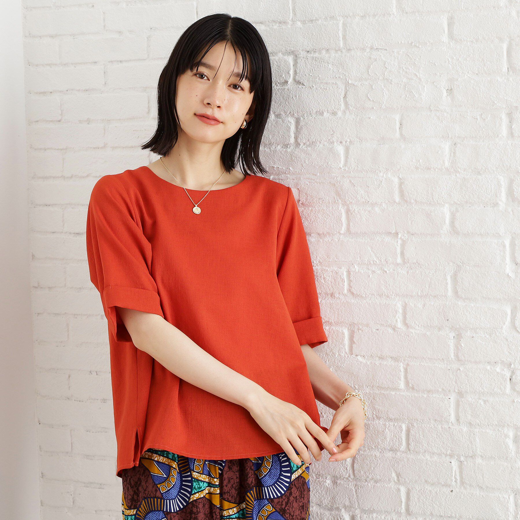 THE SHOP TK「麻調メッシュブラウス【二の腕カバー/洗える】」|シャツ・ブラウス|オレンジ(067)