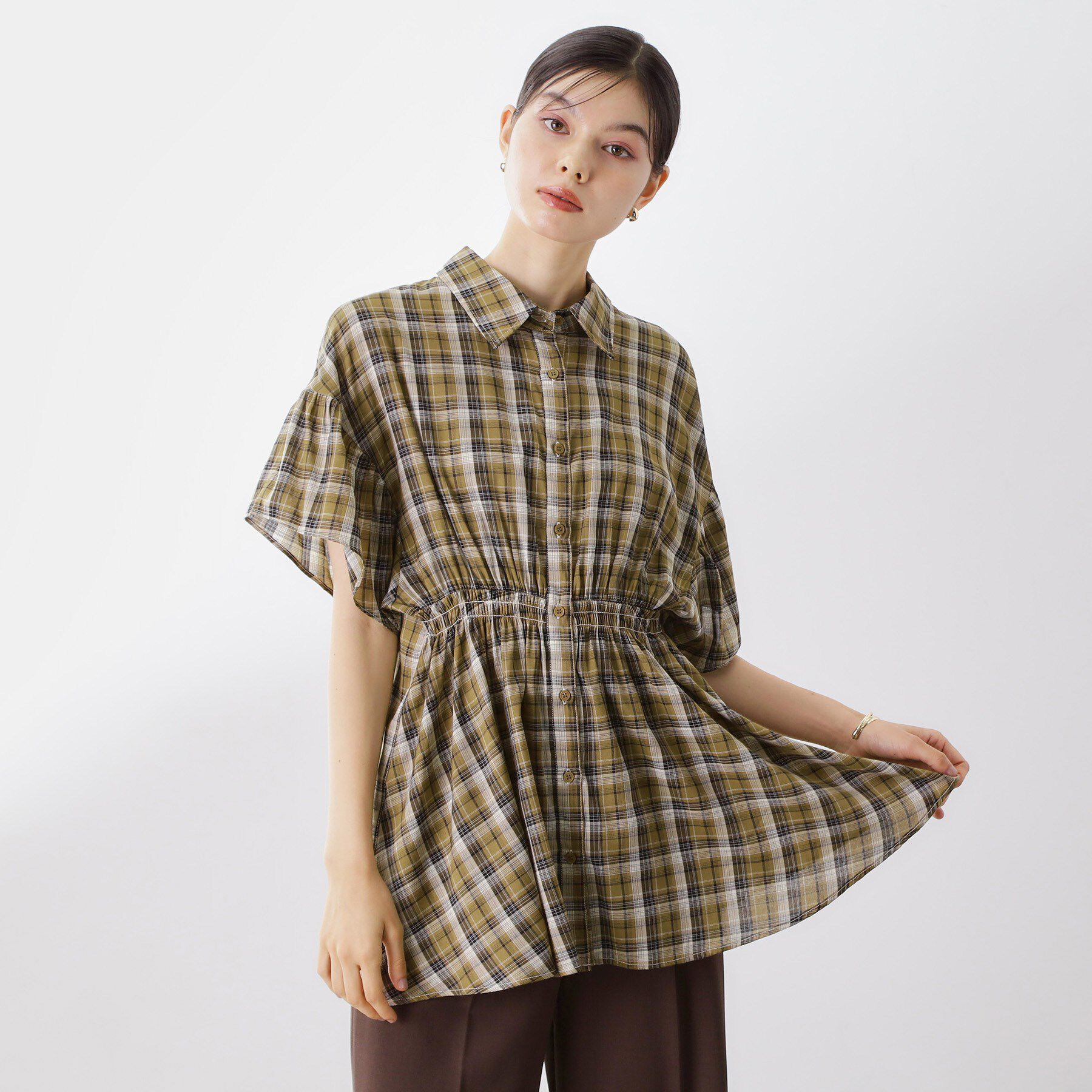 THE SHOP TK「チェック柄チュニックブラウス」|シャツ・ブラウス|カーキ(227)