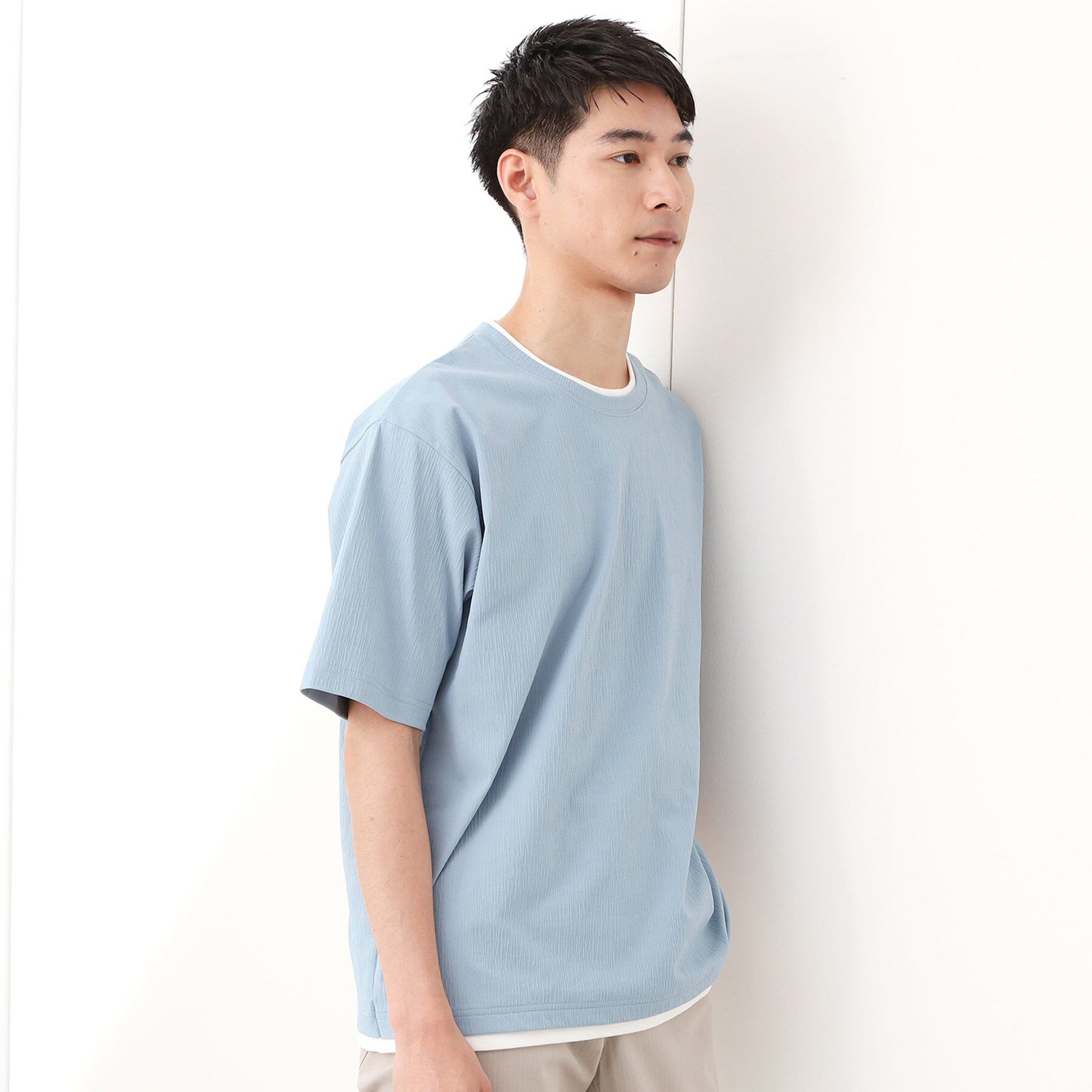 THE SHOP TK「楊柳フェイクレイヤード半袖Tシャツ 【吸水速乾/毛玉になりにくい/洗濯機OK】」|Tシャツ・カットソー|