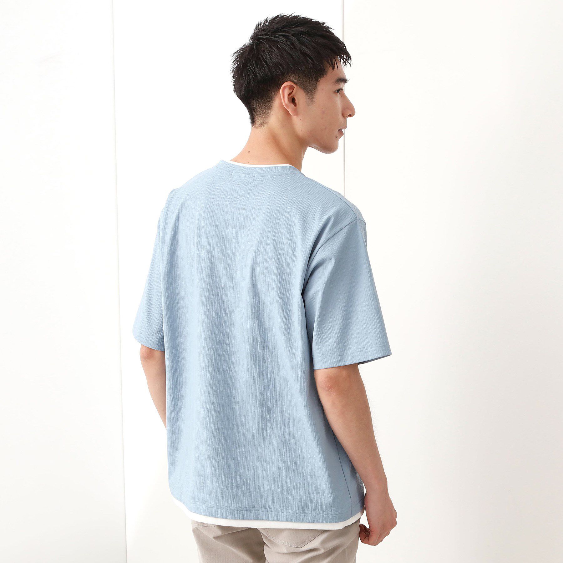 THE SHOP TK「楊柳フェイクレイヤード半袖Tシャツ 【吸水速乾/毛玉になりにくい/洗濯機OK】」|Tシャツ・カットソー|