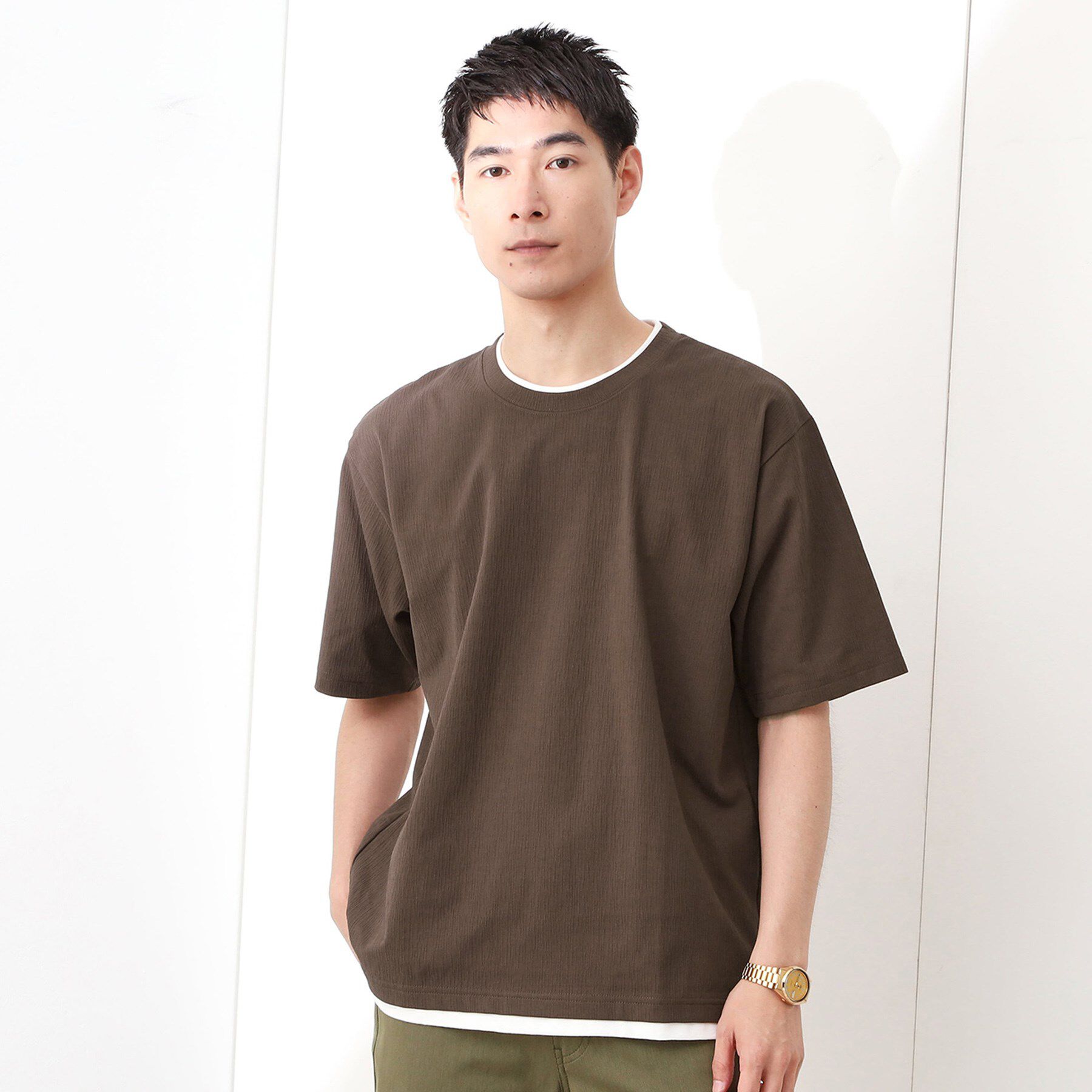 THE SHOP TK「楊柳フェイクレイヤード半袖Tシャツ 【吸水速乾/毛玉になりにくい/洗濯機OK】」|Tシャツ・カットソー|ブラウン(043)