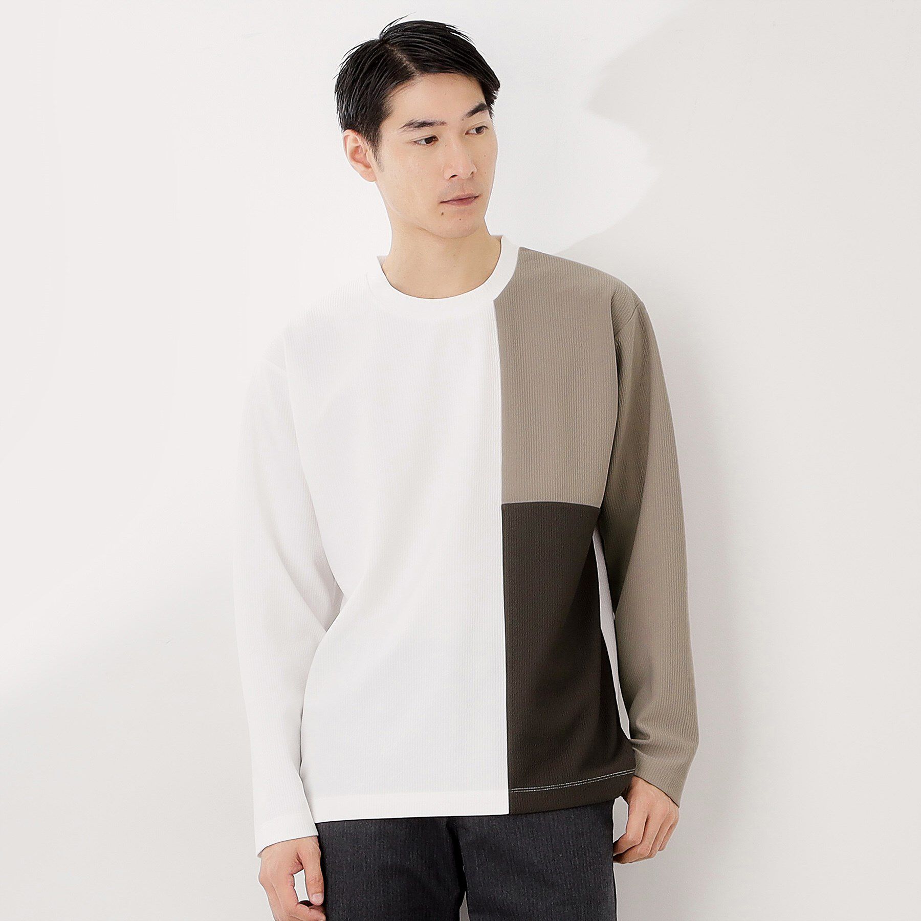 THE SHOP TK「【一枚で着映える】パネルブロッキング長袖Tシャツ 【洗濯機OK】」|Tシャツ・カットソー|オフホワイト(503