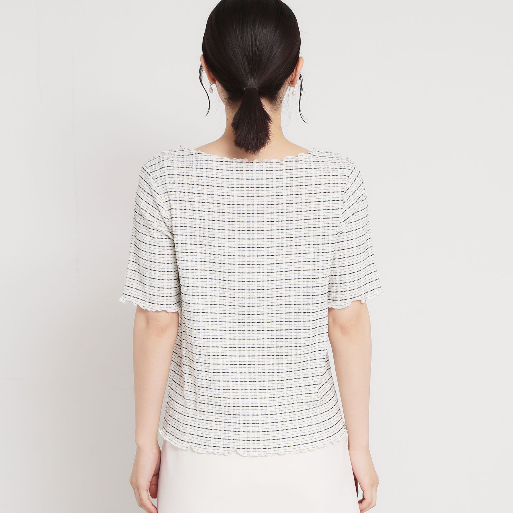 THE SHOP TK「さりげないフリルがアクセント チェック柄5分袖カットソー」|Tシャツ・カットソー|