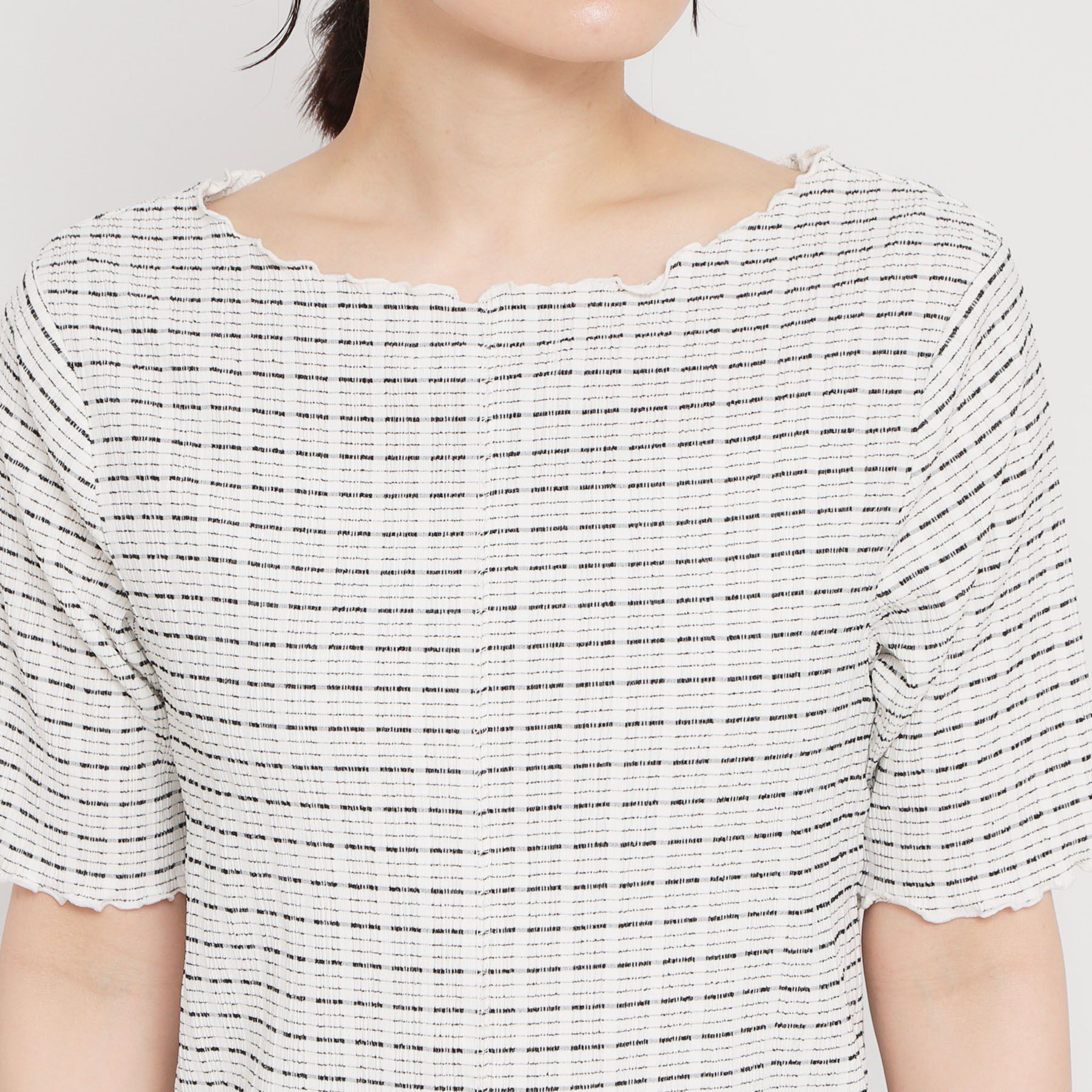 THE SHOP TK「さりげないフリルがアクセント チェック柄5分袖カットソー」|Tシャツ・カットソー|