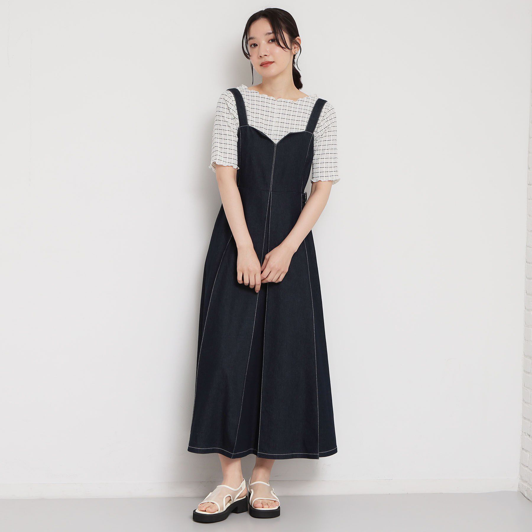 THE SHOP TK「さりげないフリルがアクセント チェック柄5分袖カットソー」|Tシャツ・カットソー|