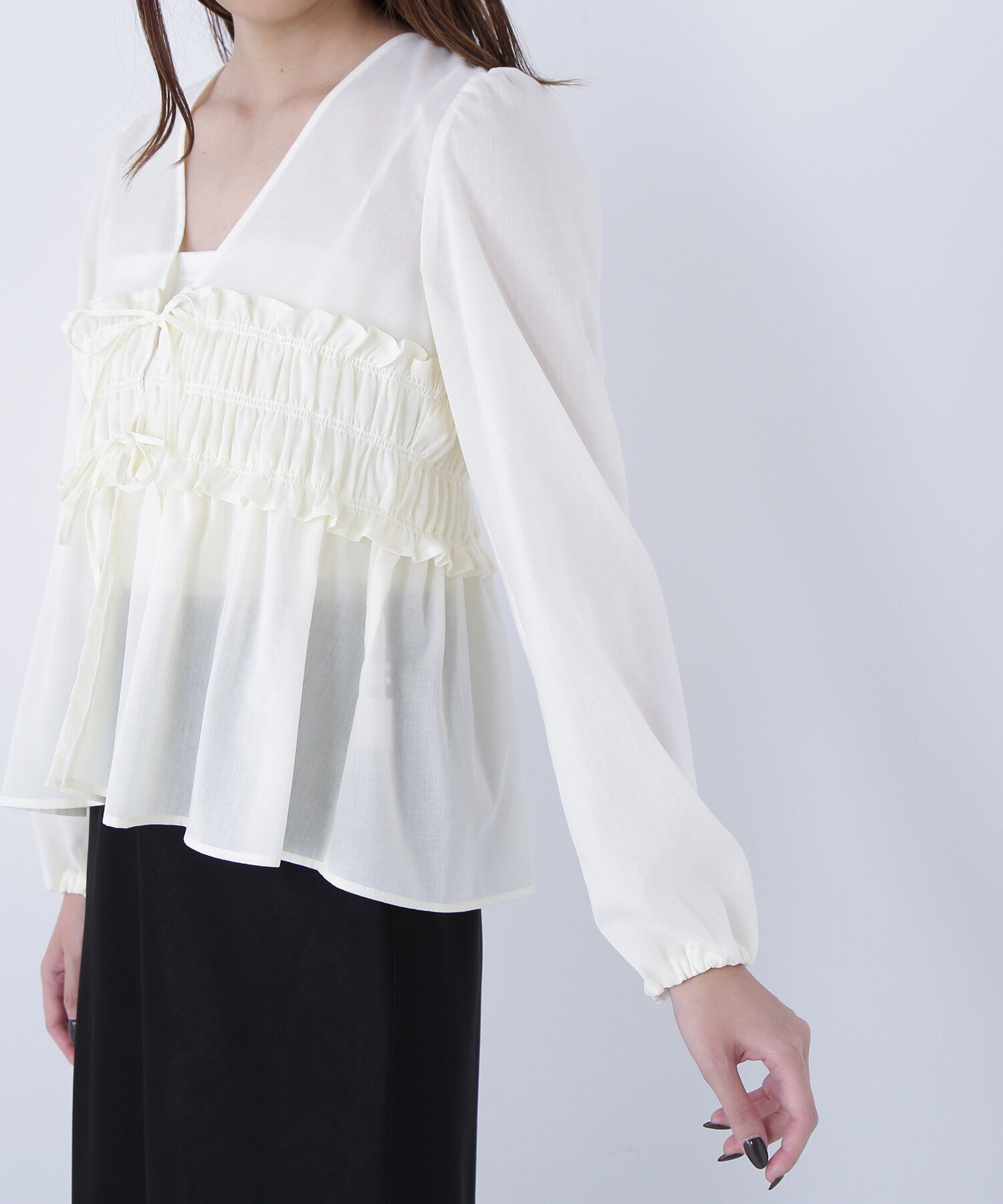  「Vネックシャーリングペプラムブラウス」|シャツ・ブラウス|