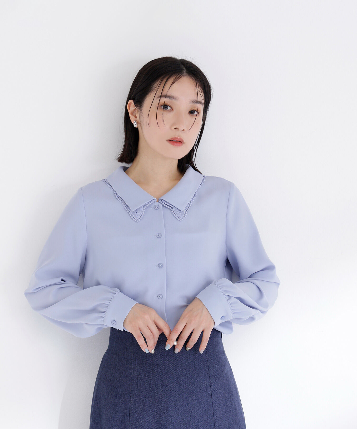  「レースダブルカラーブラウス」|シャツ・ブラウス|ブルー