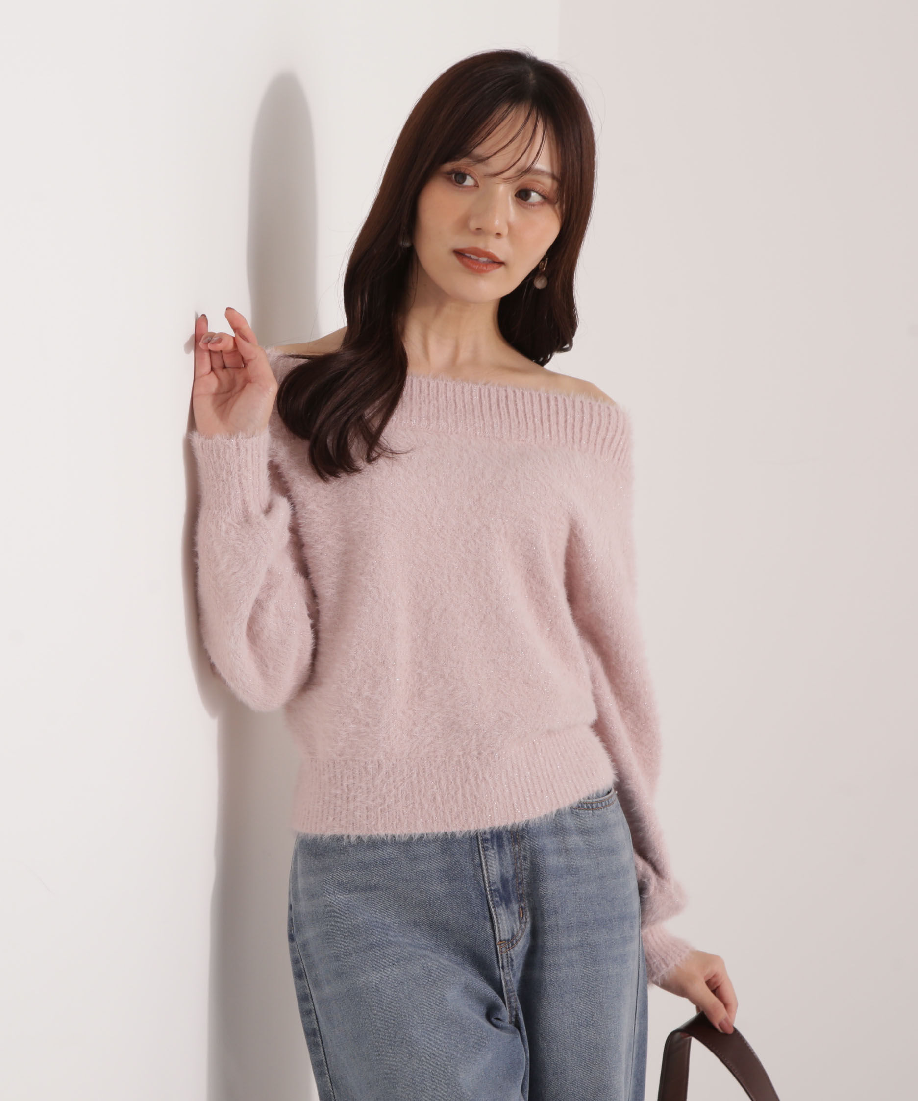 PROPORTION BODY DRESSING「ミニシャギーオフショルニット 25AW」|ニット・セーター|ラメピンク
