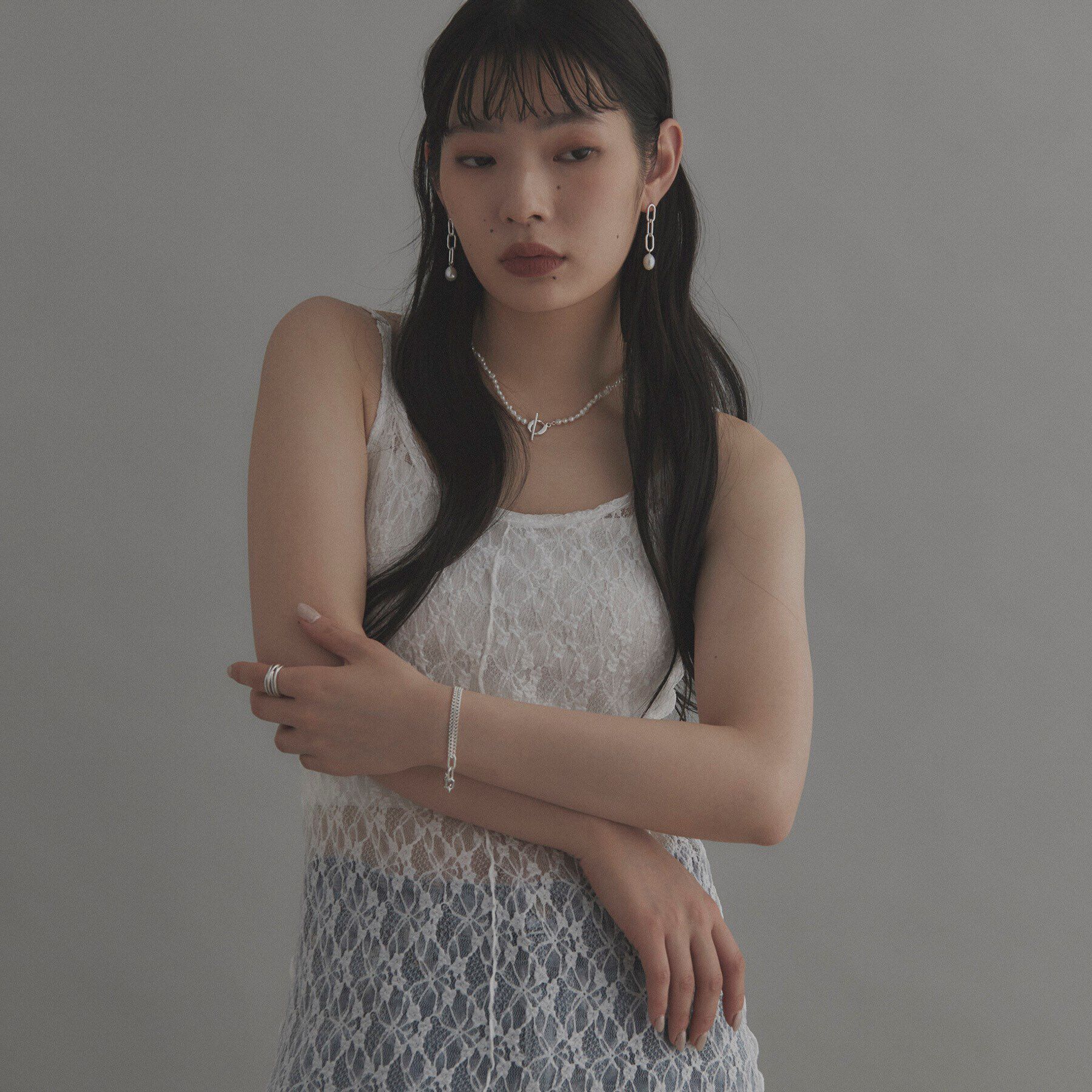 COCOSHNIK ONKITSCH「シルバー ミックスチェーン ケーブルカーブ ドレープ ブレスレット」|ブレスレット・バングル|