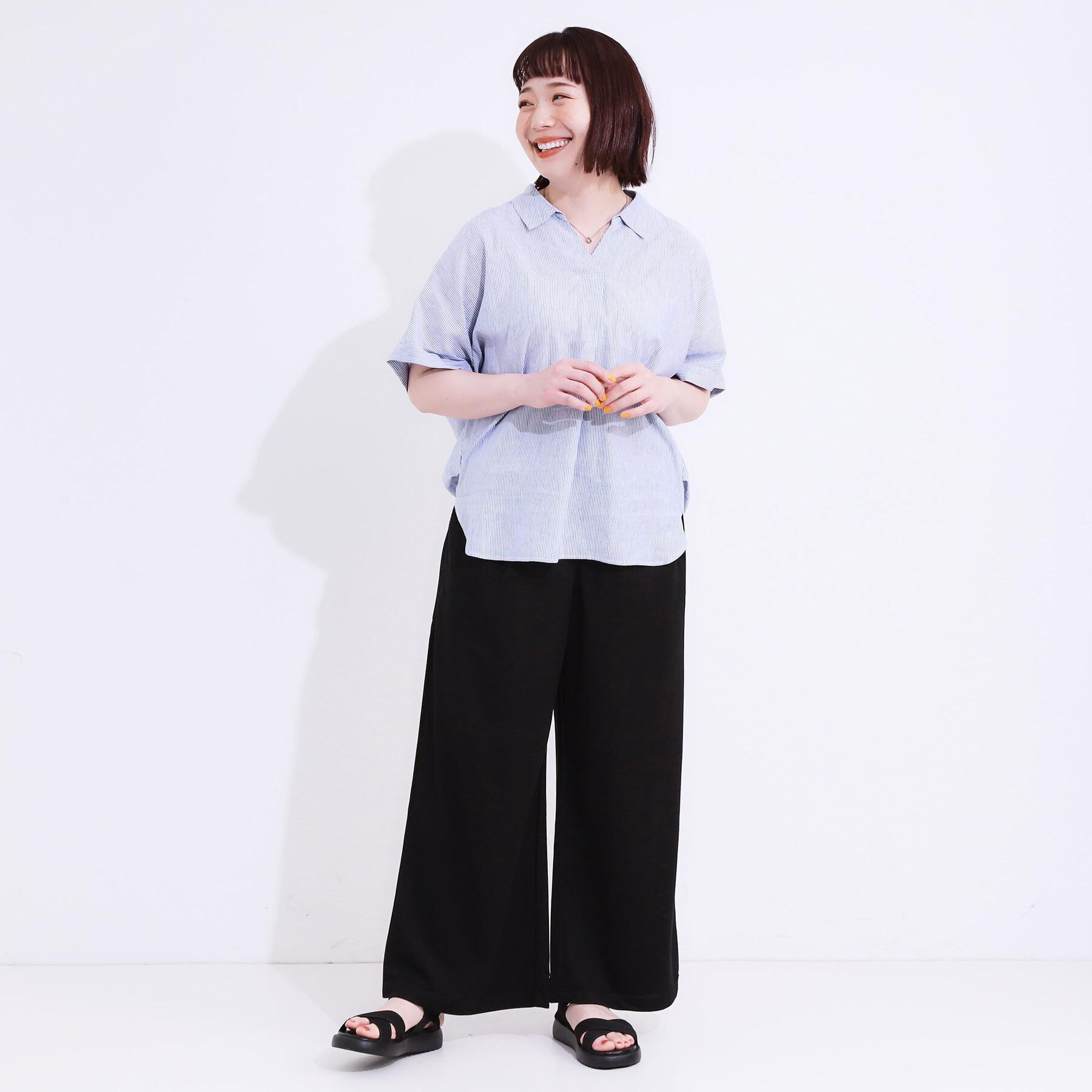 SHOO･LA･RUE「【S-LL/UV/接触冷感/抗菌防臭】体型を自然にカバー フレンチリネンブレンド襟付ドルマンシャツ」|シャツ・ブラウス|