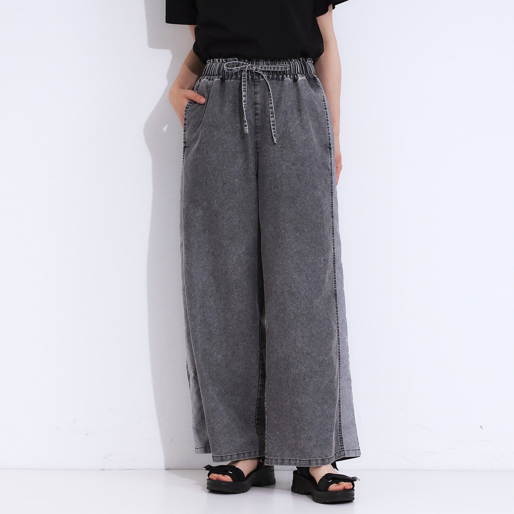 SHOO･LA･RUE「【S-LL】サイドラインがアクセント イージーデニムパンツ」|デニム|