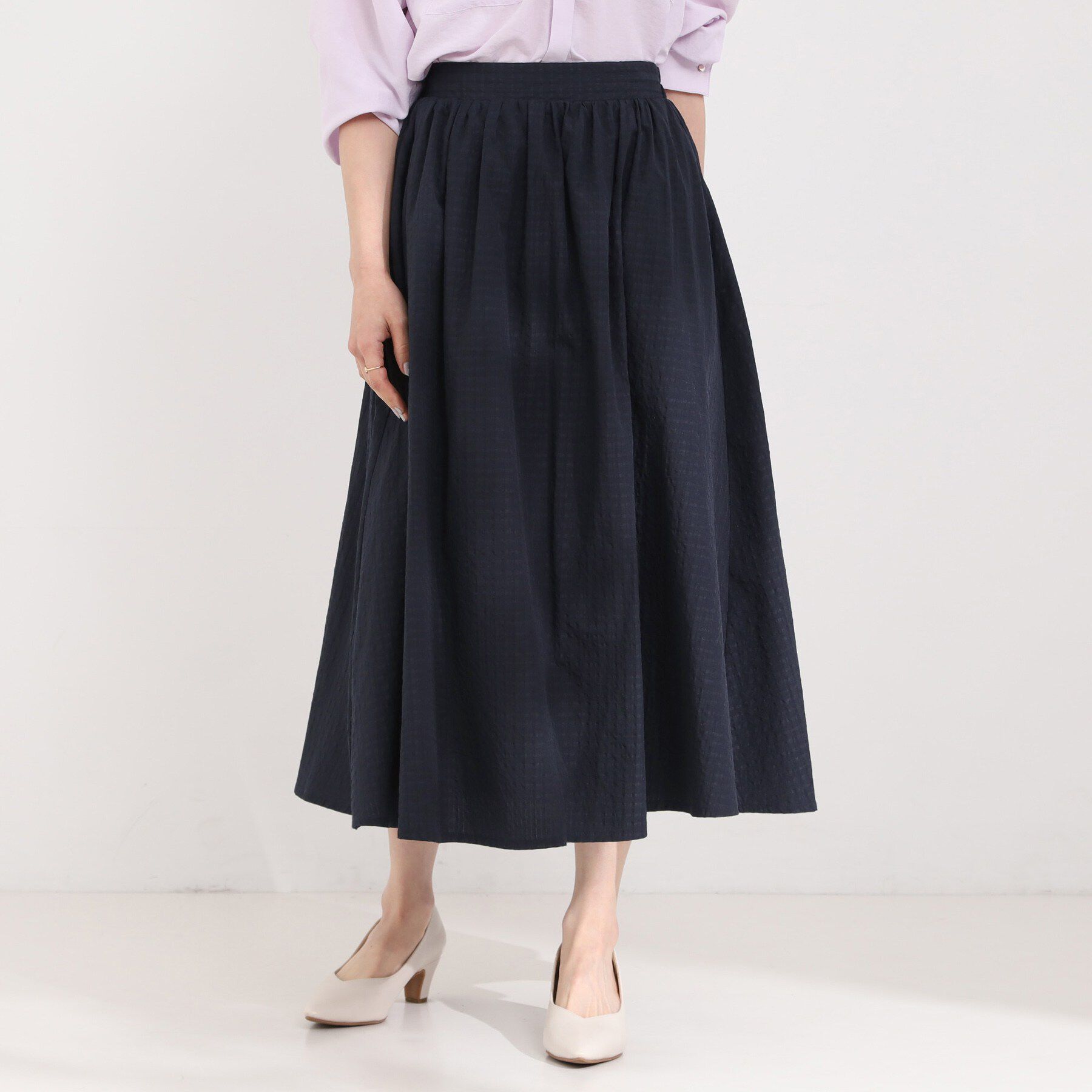 SHOO･LA･RUE「【セットアップ可/洗濯機可/S-LL】軽やかに揺れる サッカーチェック フレアスカート」|スカート|