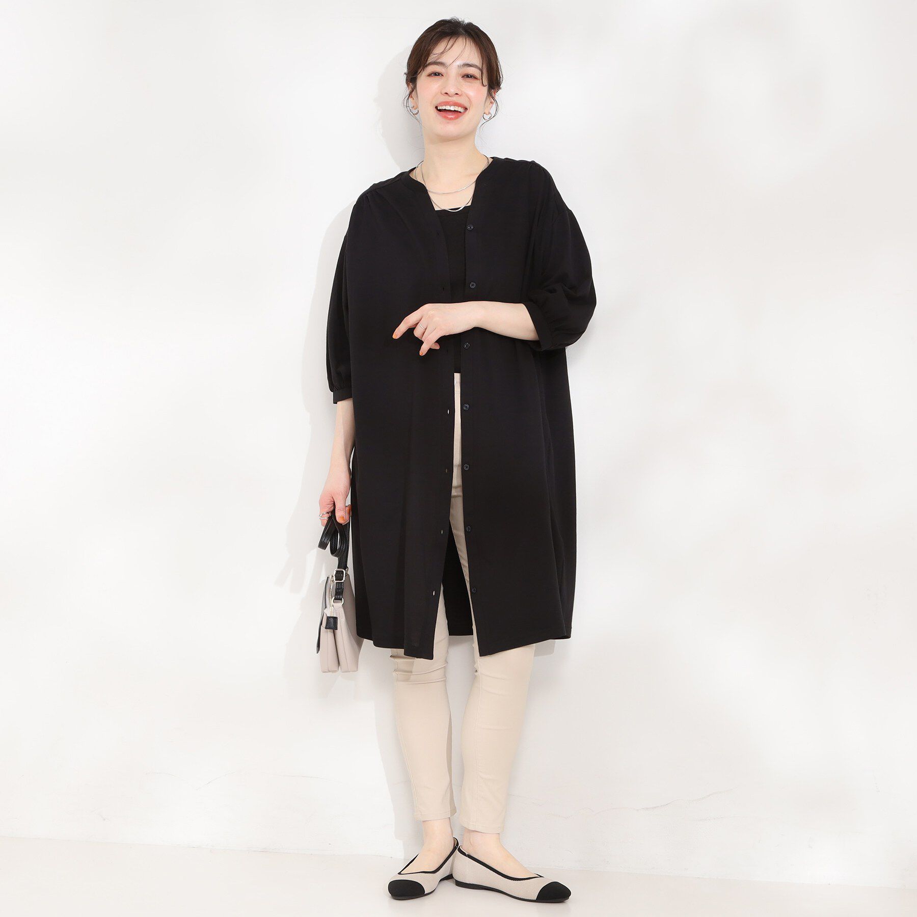 SHOO･LA･RUE「【洗濯機可/S-LL】カットツイルキーネックシャツワンピ」|ワンピース|