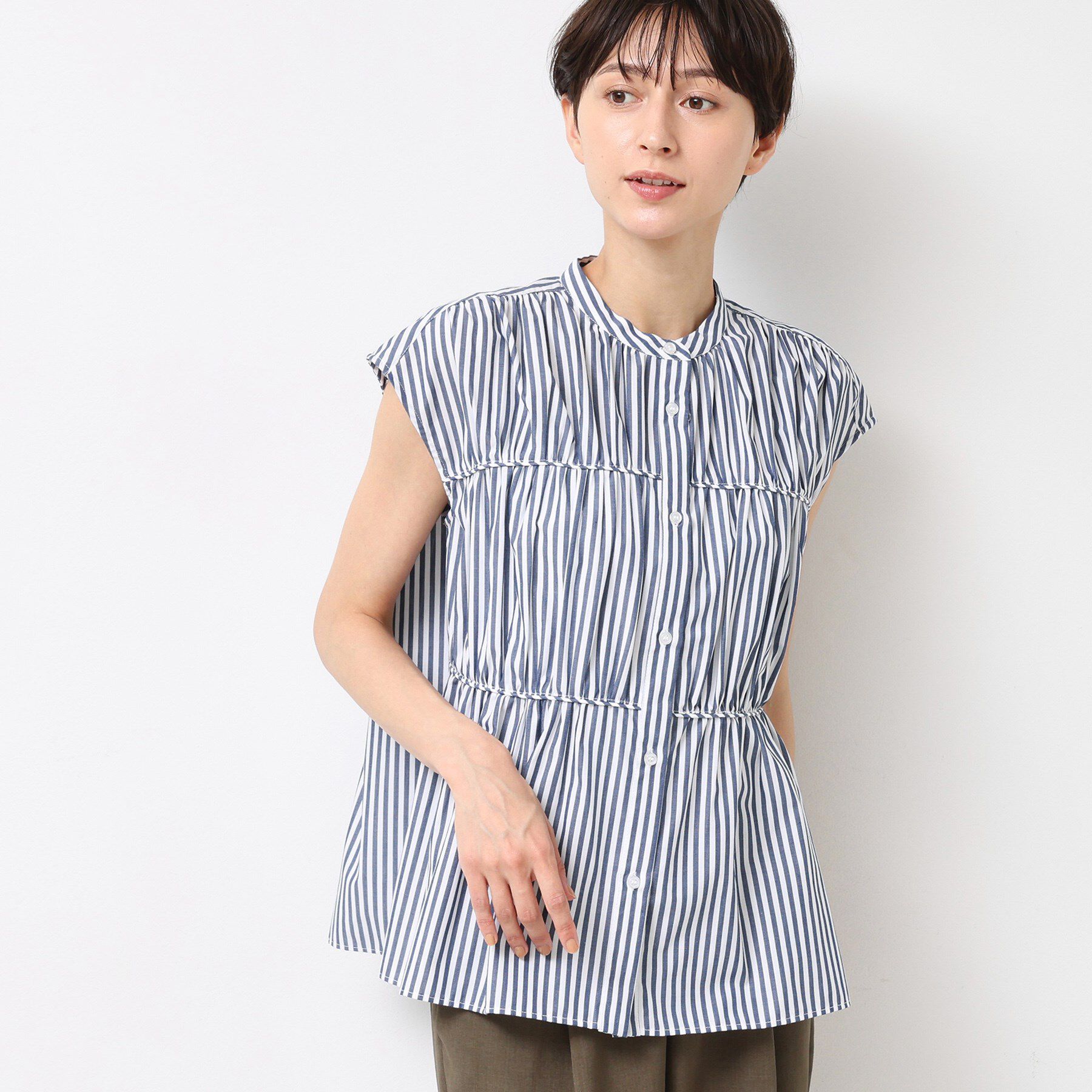 Dessin「【洗える】ストライプ柄ギャザーブラウス」|シャツ・ブラウス|ネイビー(395)