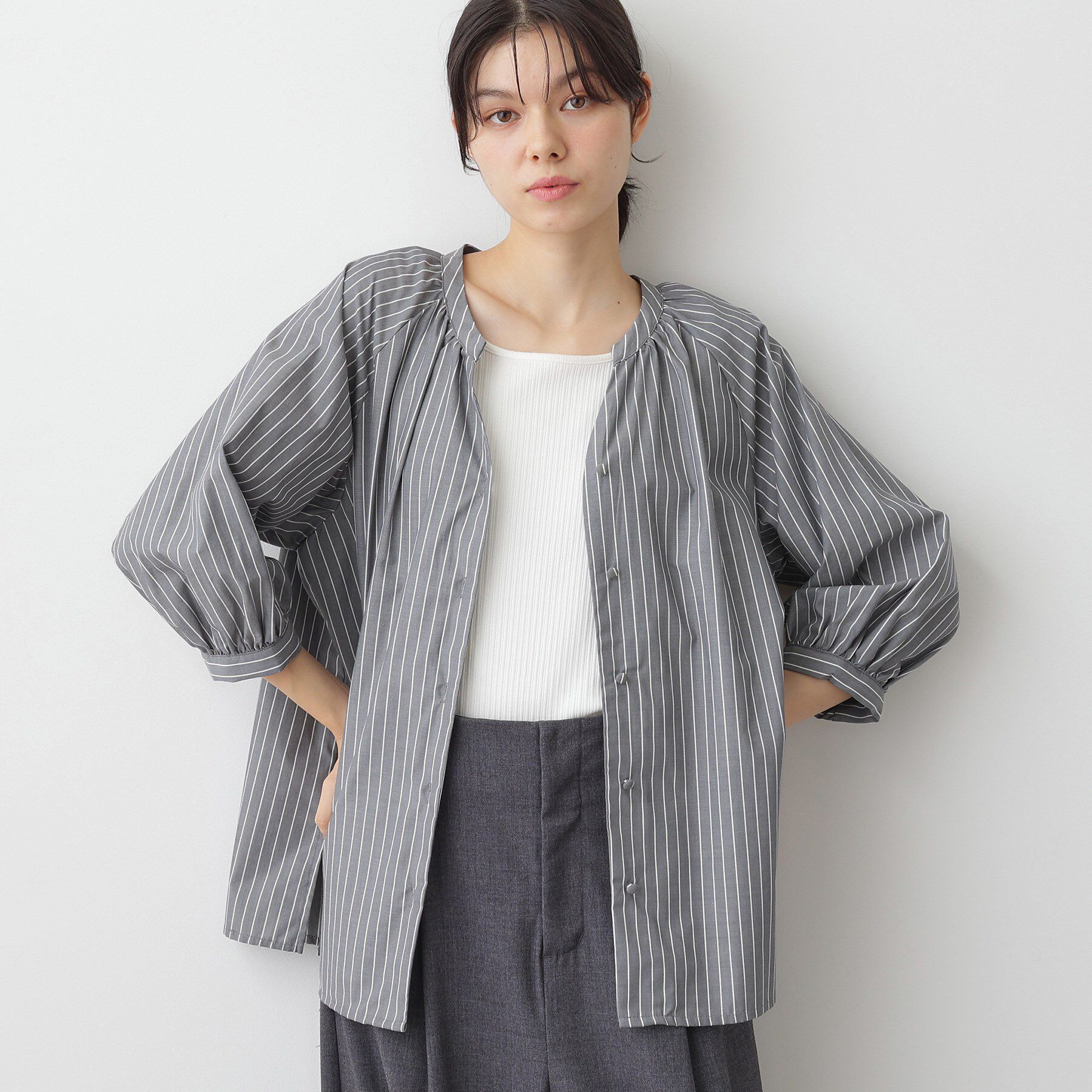 Dessin「【洗える】ストライプカフス袖ブラウス」|シャツ・ブラウス|