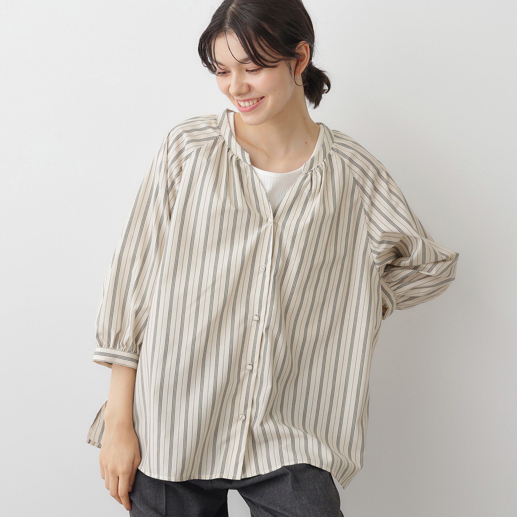 Dessin「【洗える】ストライプカフス袖ブラウス」|シャツ・ブラウス|グレー(317)