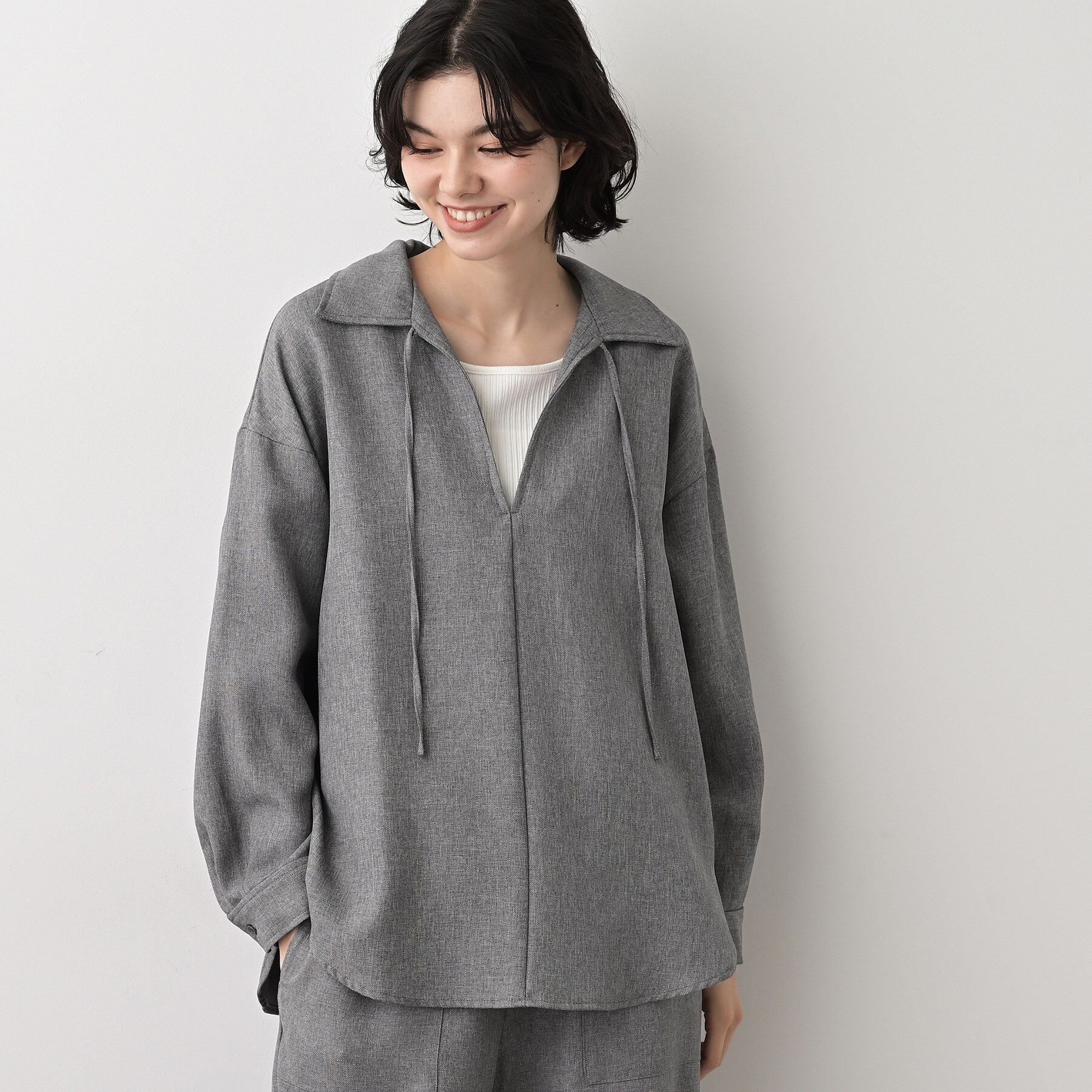 Dessin「【セットアップ可/洗える】ツイードライクスキッパーシャツ」|シャツ・ブラウス|チャコールグレー(0