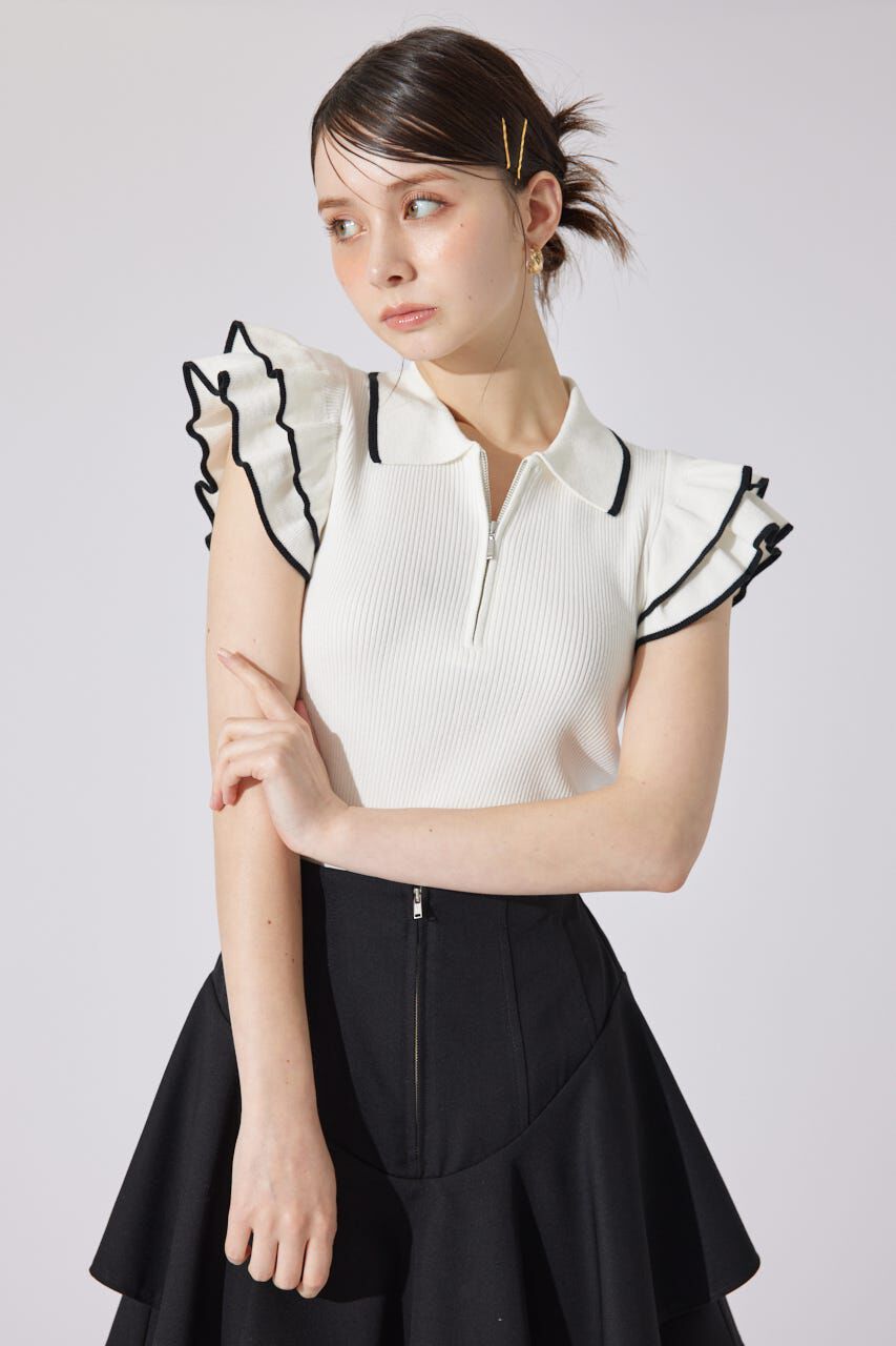 rienda「ハーフジップフリルショルダーニットトップス」|ニット・セーター|WHT