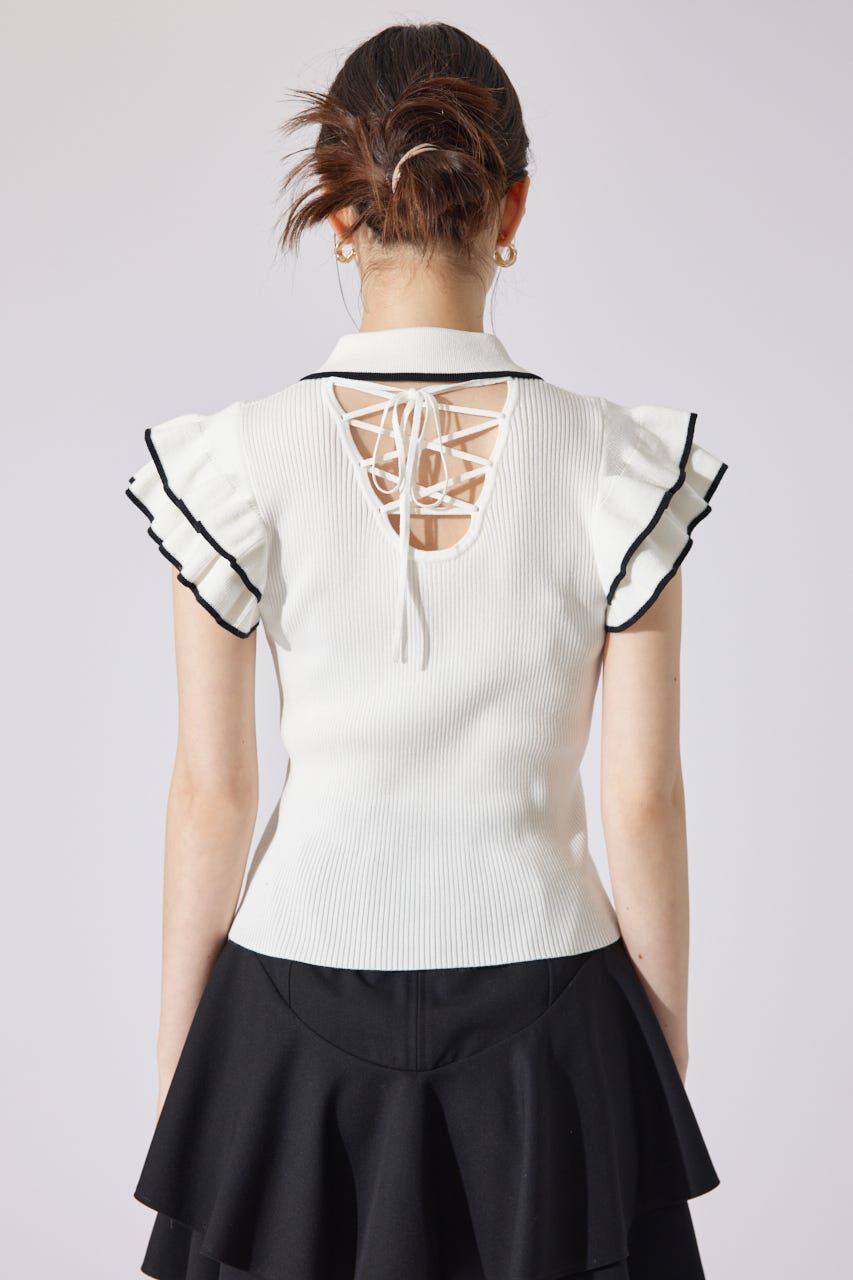 rienda「ハーフジップフリルショルダーニットトップス」|ニット・セーター|