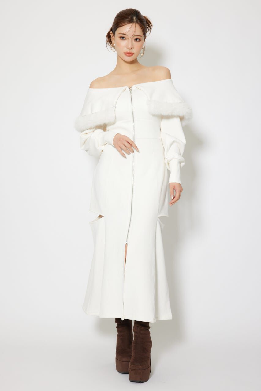 rienda「フェイクファー付きカッティング裏起毛ワンピース」|ワンピース|WHT